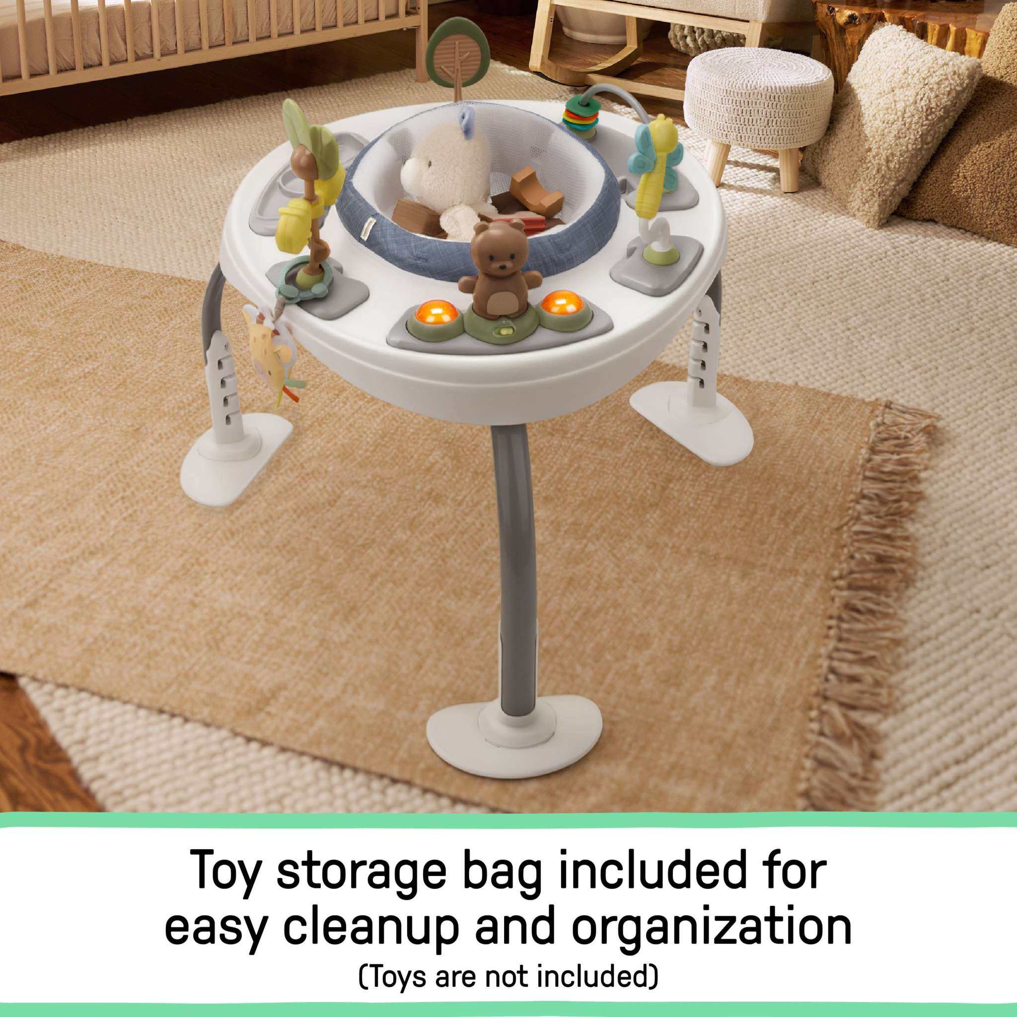 Ingenuity Bounce to Bloom™ 2-in-1 baby jumper and activity center with chambray fabric and 360° rotating seat for ages 6 to 24 months