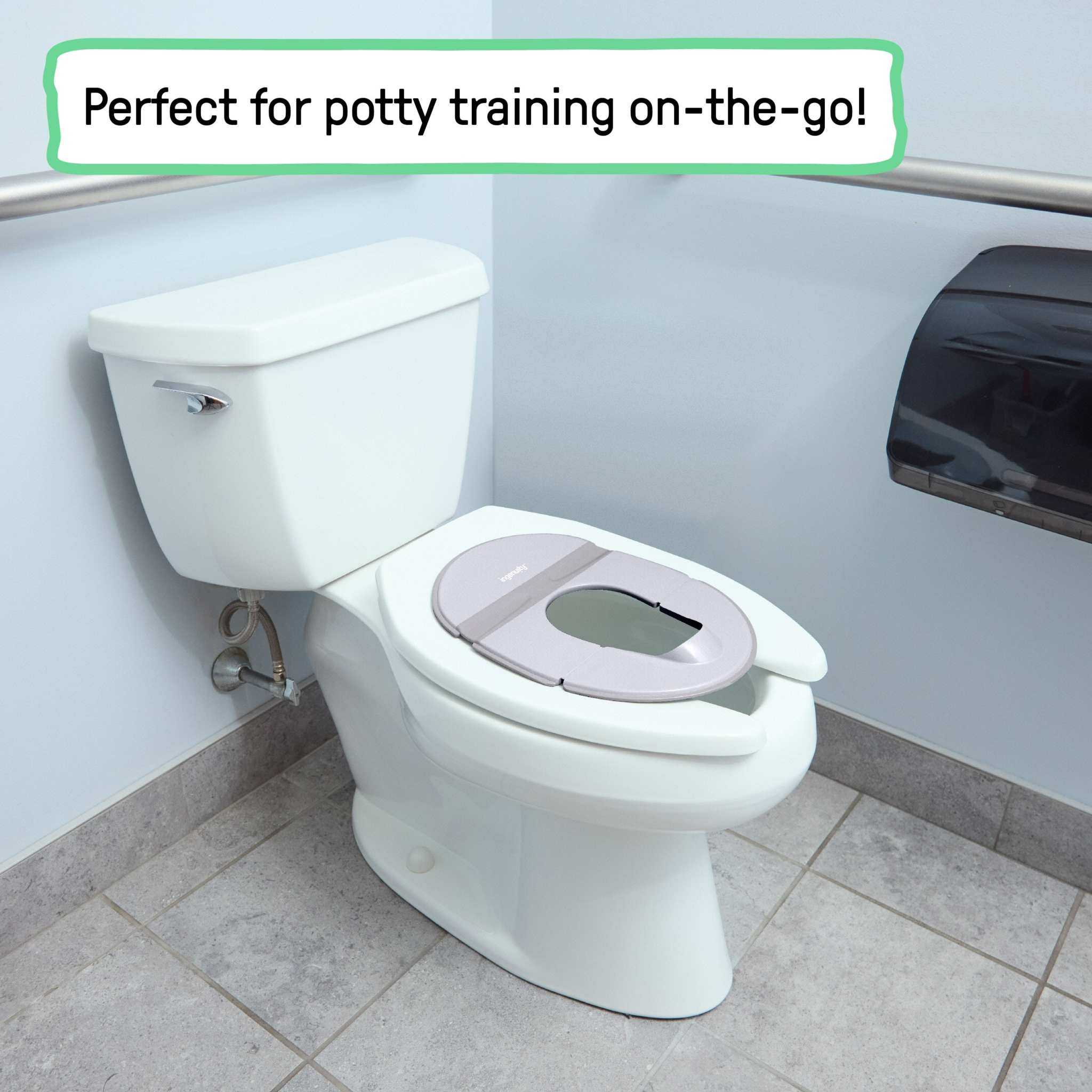 Ingenuity FoldAway Travel Potty Seat folded with travel bag for toddler potty training on the go