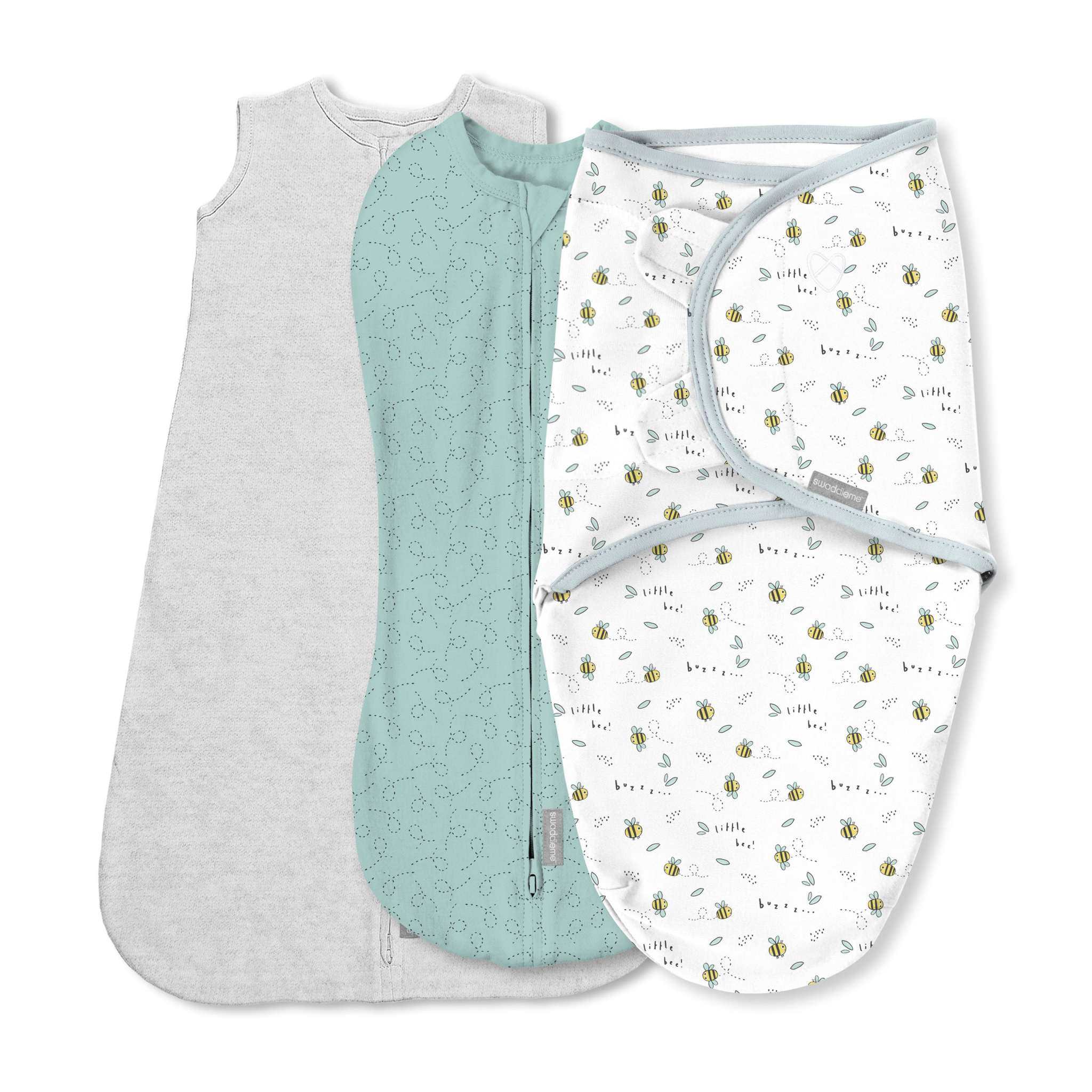 SwaddleMe by Ingenuity 3-pack baby swaddle set for 0-3 months with Pod, Original, and Night Sack in little bees design