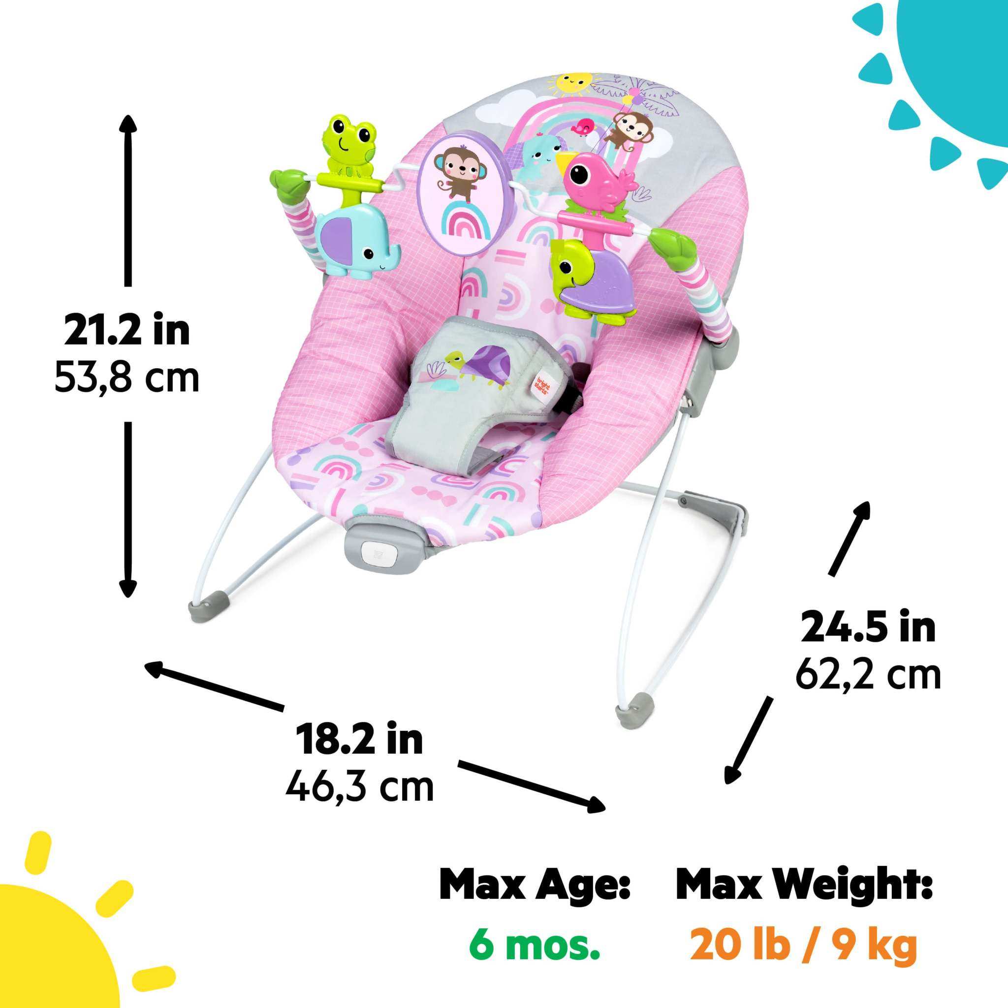 Bright Starts Pink Paradise vibrating baby bouncer with toys and calming vibrations