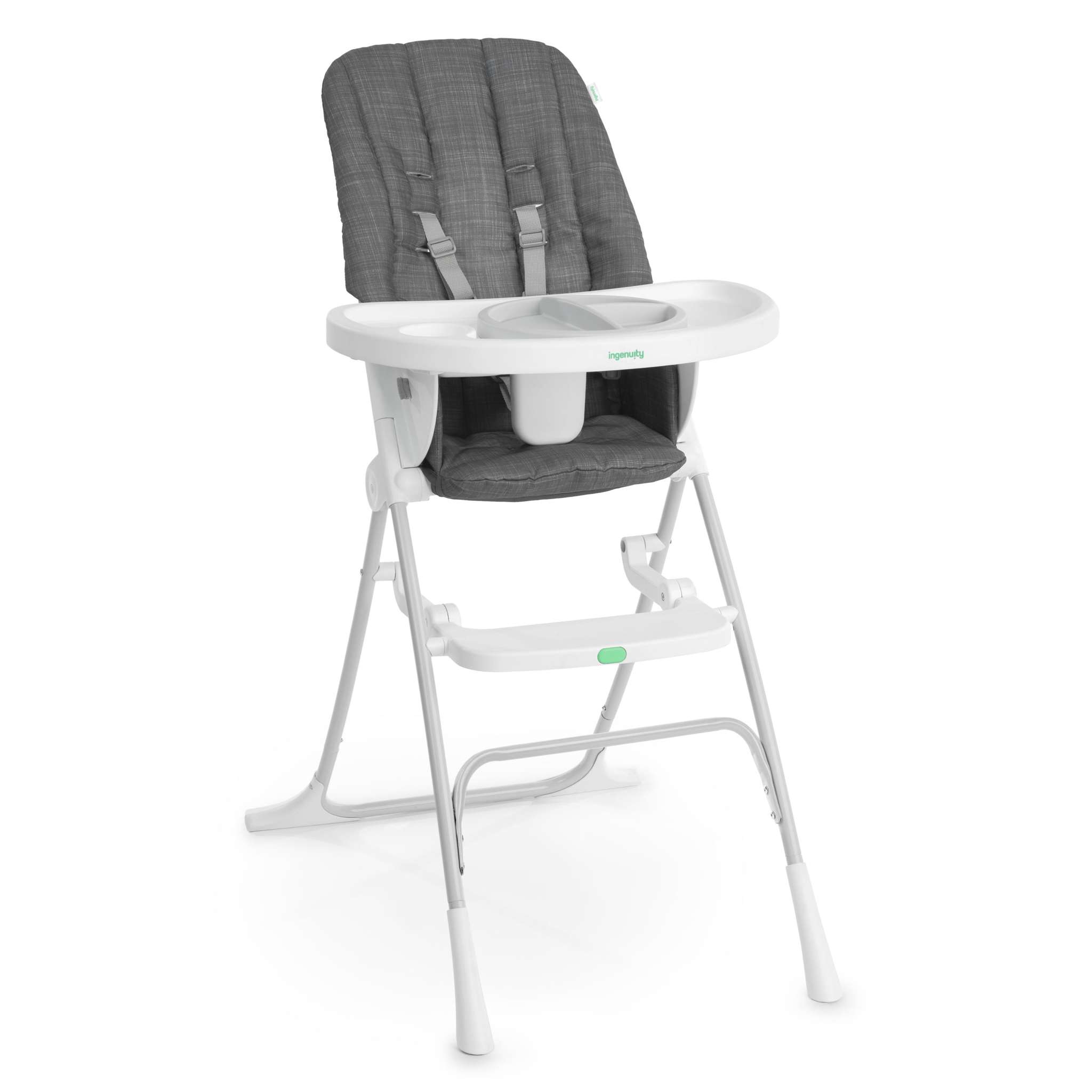 Ingenuity Sun Valley Compact Folding High Chair in grey with adjustable tray and 3-section Twist & Dine plate for baby self-feeding