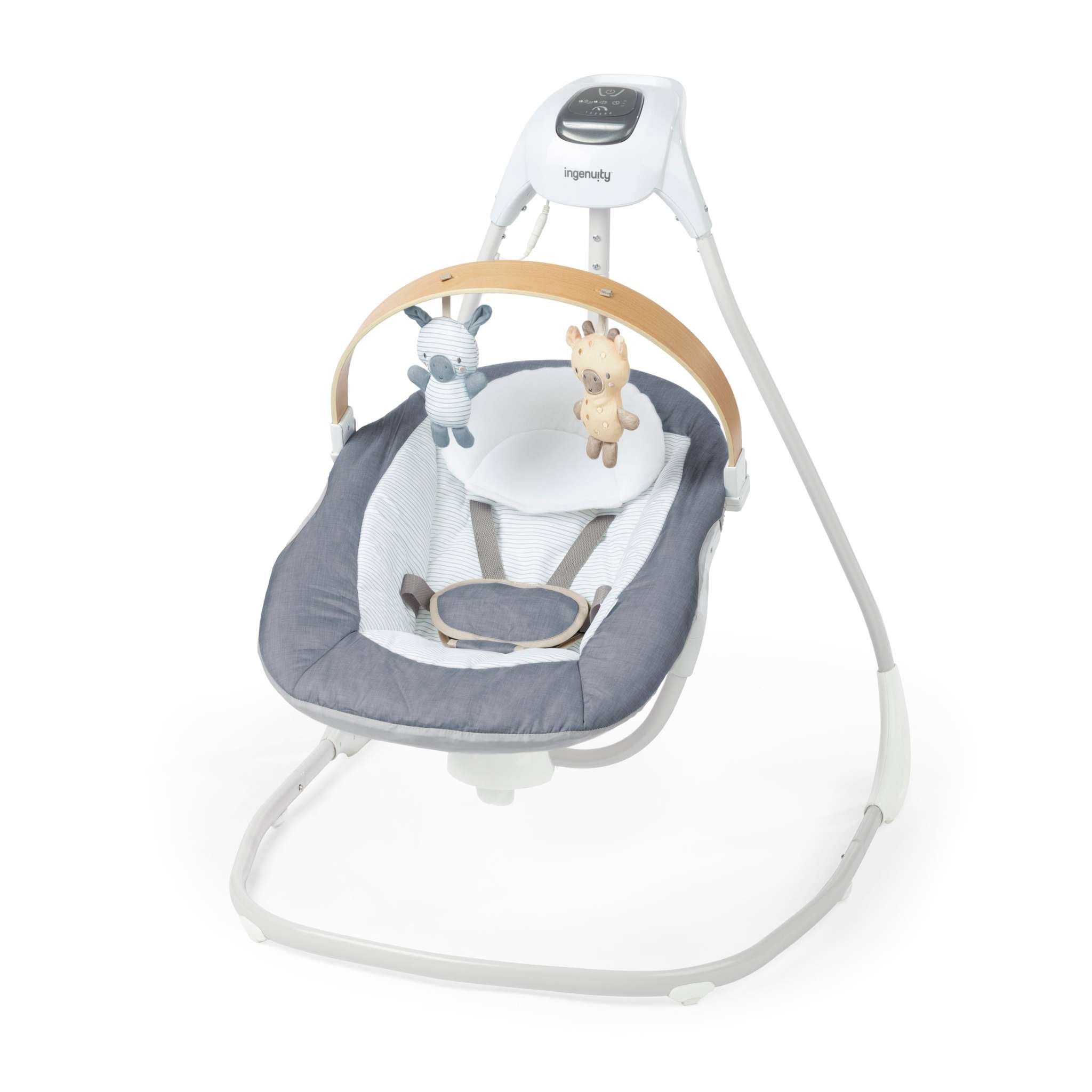 Ingenuity SimpleComfort Compact Soothing Swing in chambray with rotating wooden toy bar and 6-speed settings