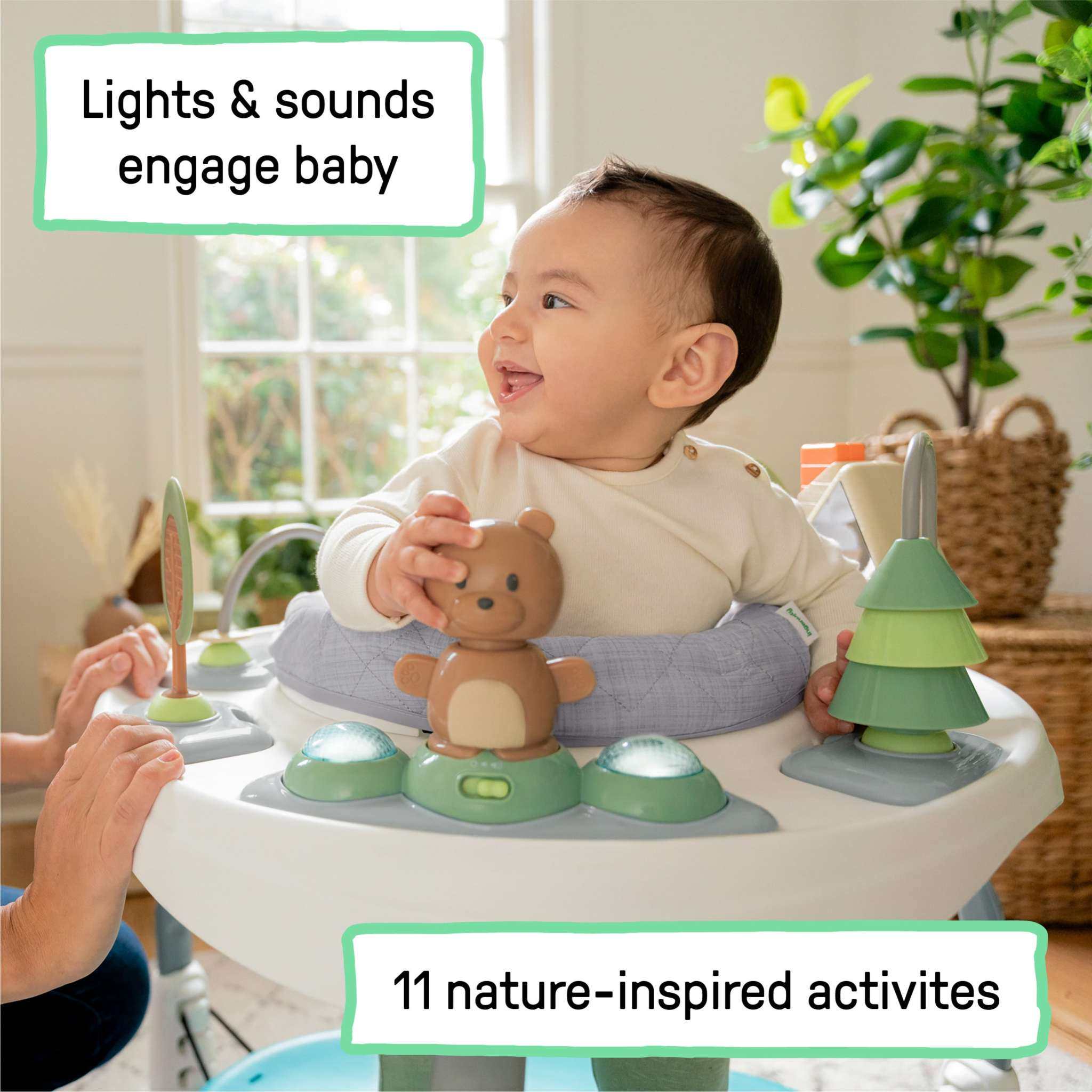 Ingenuity Spring and Sprout 2-in-1 Baby Activity Center jumper with toys and rotating seat