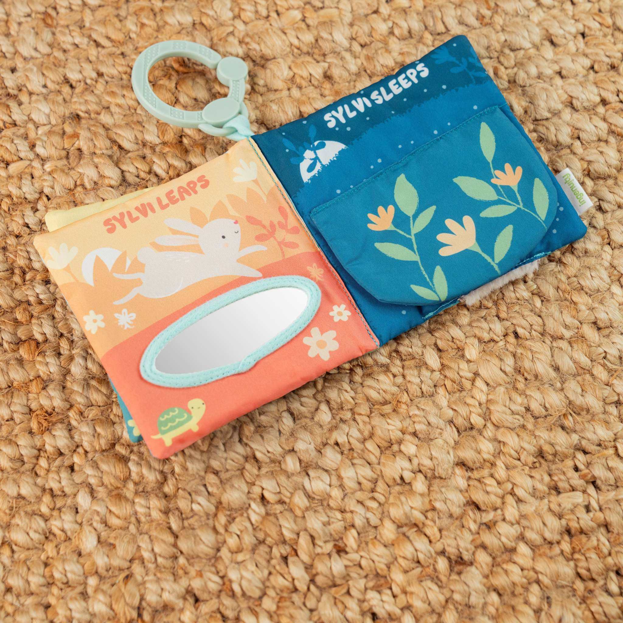 Sylvi Soft Baby multi-sensory 6-page crinkle book with plush textures, squeaker, mirror, and colorful illustrations for infants.