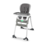 Gray high chair with a green tag on a white background