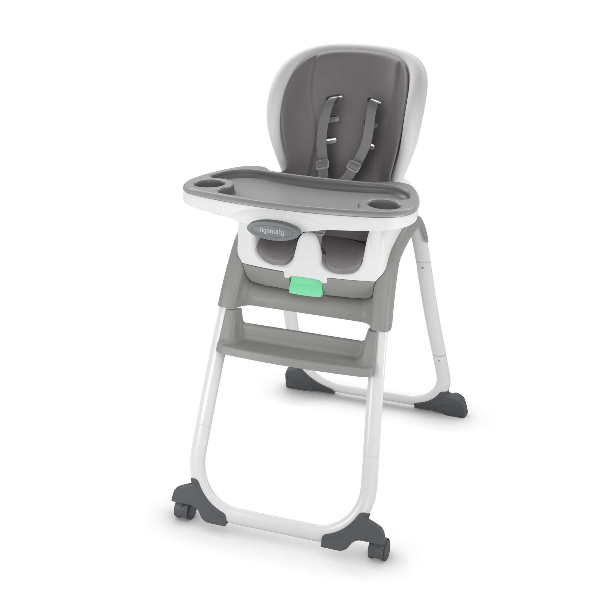 Gray high chair with a green tag on a white background