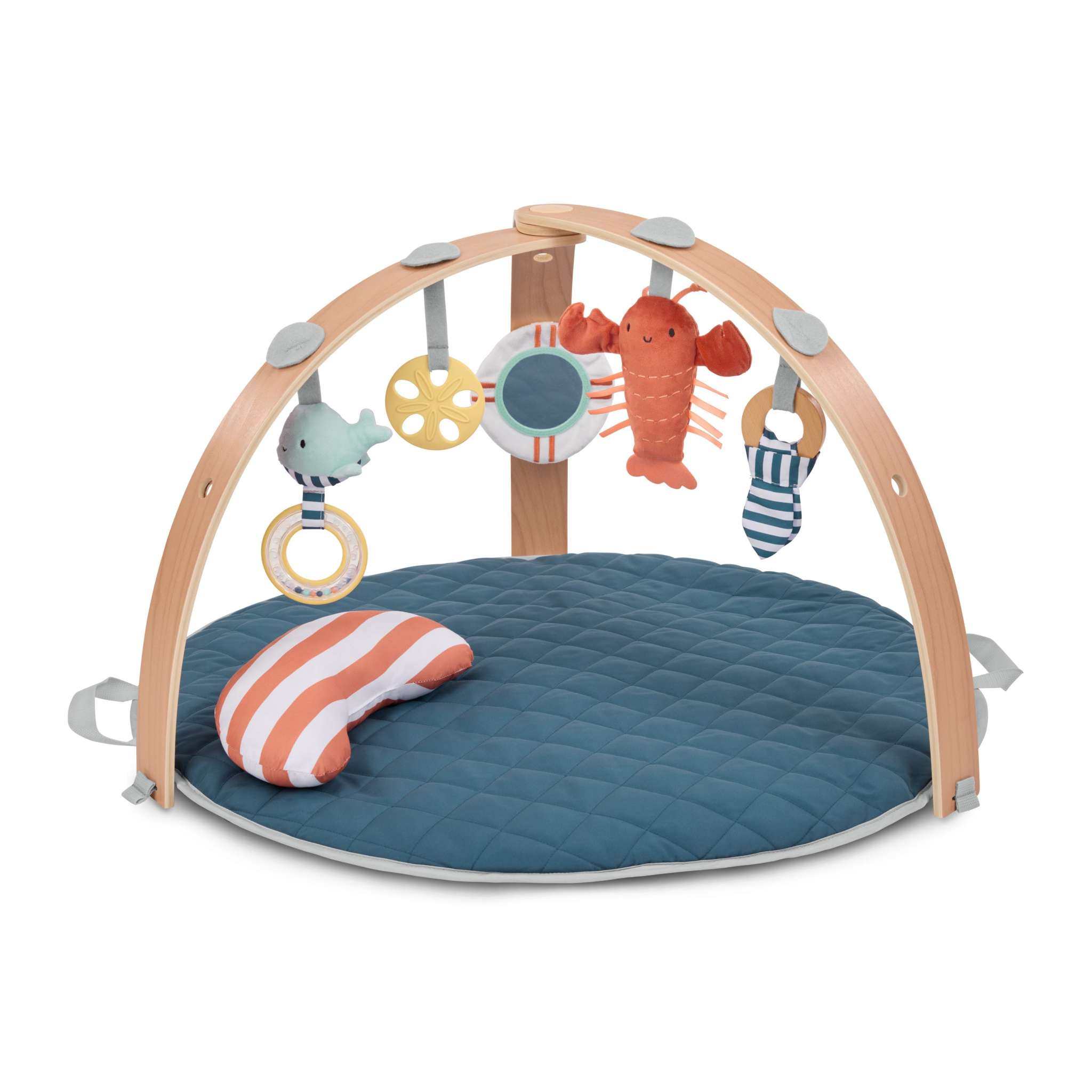 Ingenuity Cozy Spot Harbor Haven reversible duvet activity gym with plush mat and wooden toy bar for baby play and tummy time