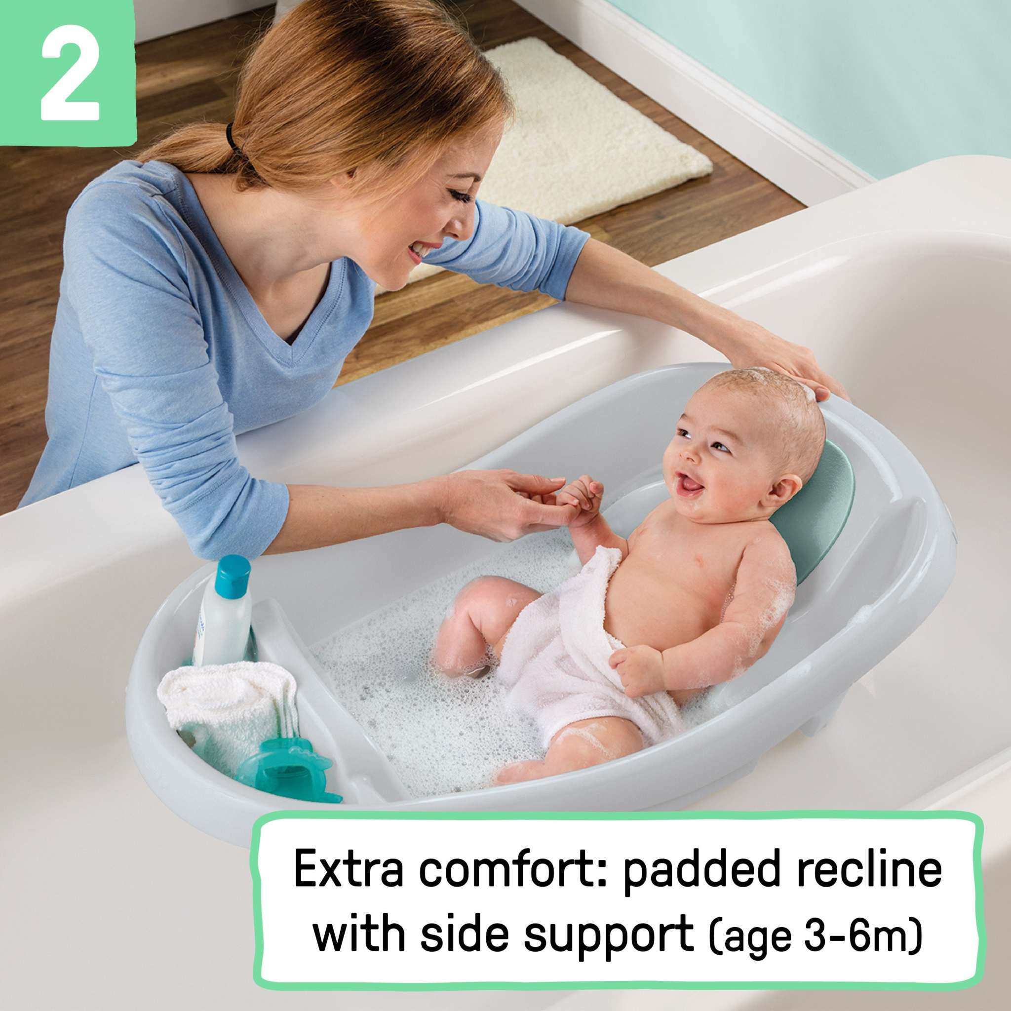 Ingenuity Comfy Clean Deluxe baby bather with fabric sling and padded support for newborn to toddler bath time