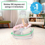 Ingenuity SimpleComfort compact soothing swing with rotating toy bar and seat in chambray color