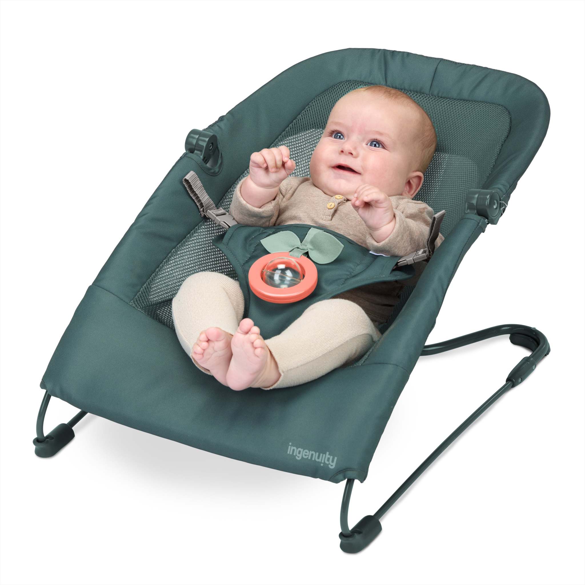 Stow & Go Compact Folding Bouncer lightweight fold-flat baby seat with vibe-pod and removable rattle toy