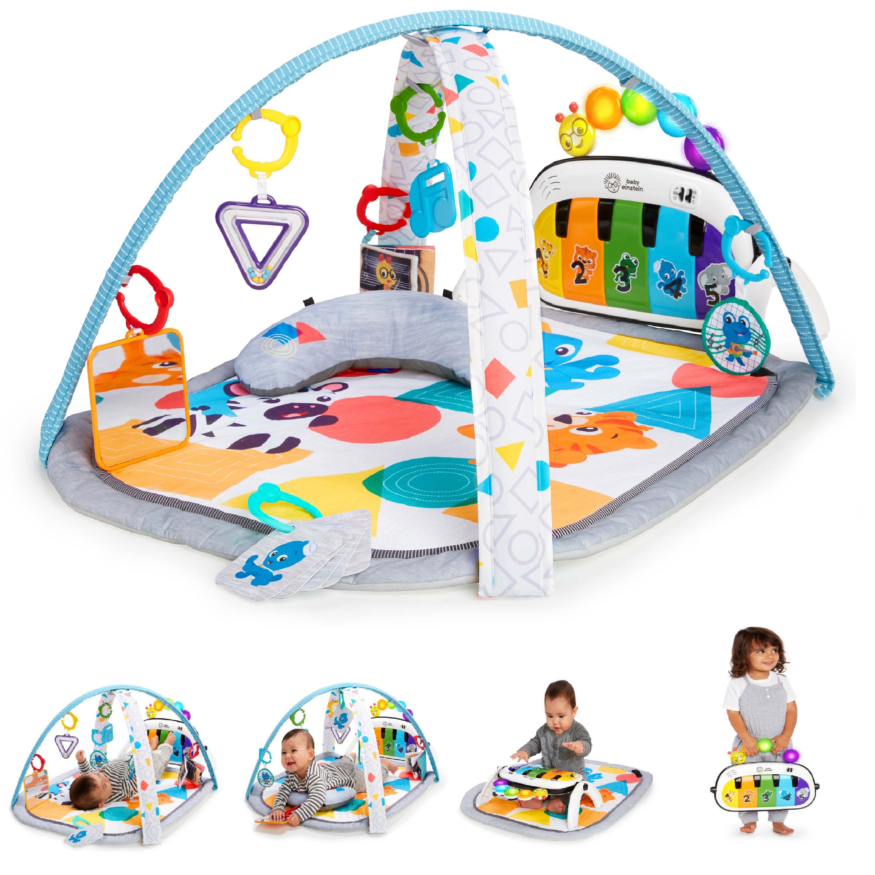 Baby Einstein 4-in-1 Kickin’ Tunes musical activity gym with colorful play mat, toy bars, kick piano, and detachable sensory toys for babies 0-36 months.