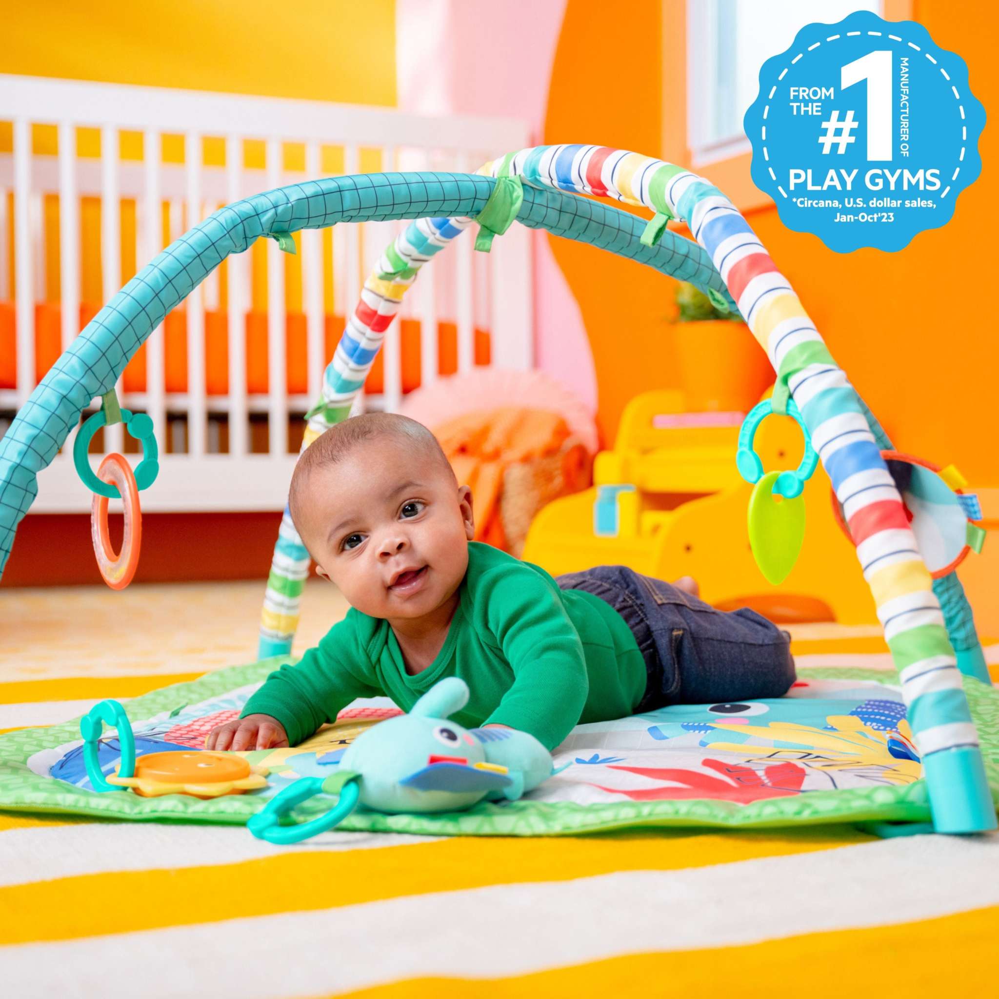 Bright Starts Wild Wiggles FoldAway Activity Gym jungle-themed baby play mat with detachable toy bar and 5 colorful toys including musical elephant