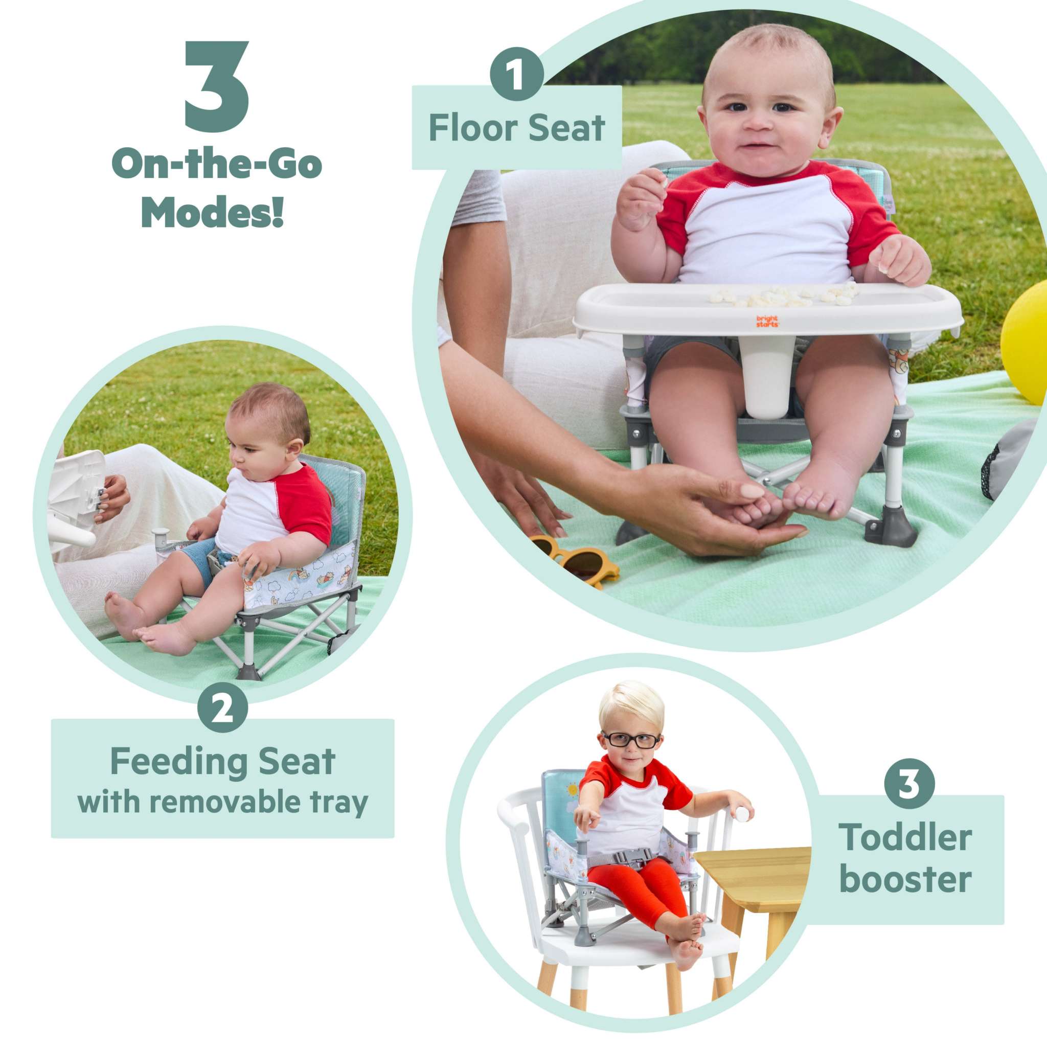 Bright Starts Disney Winnie the Pooh Pop 'N Sit portable booster seat for babies and toddlers with removable tray and carrying bag