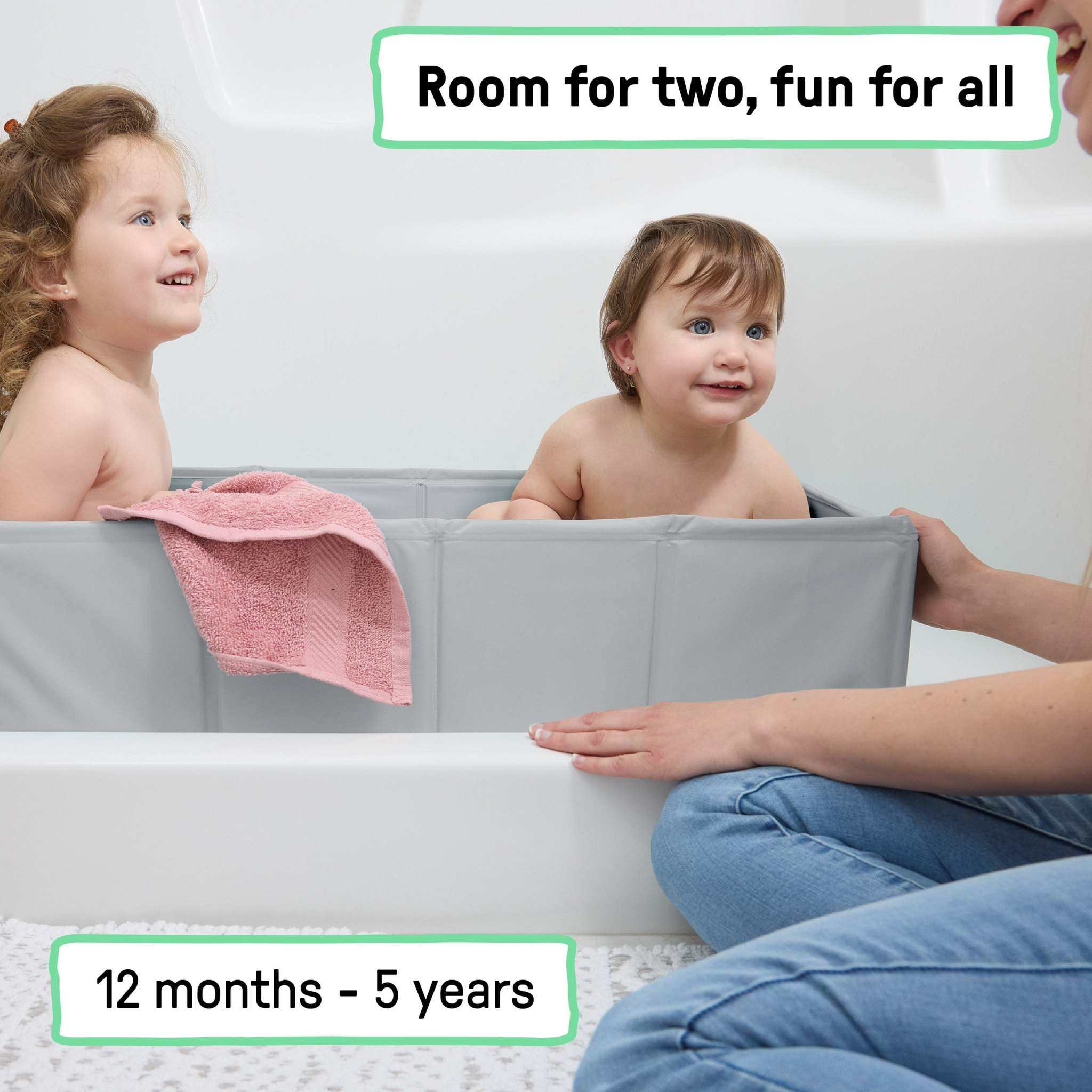 Foldable grey toddler tub converting shower to bath for ages 12 months to 5 years