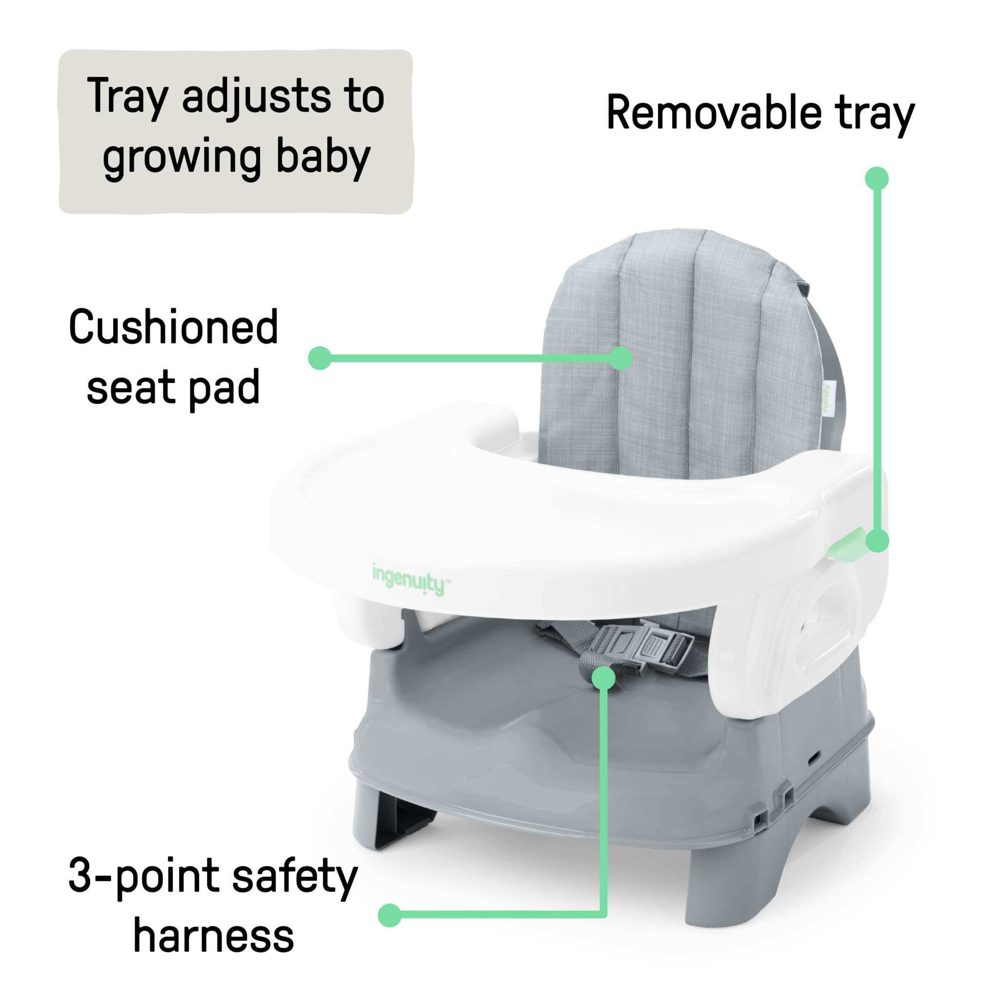 Ingenuity Deluxe Comfort folding baby booster seat in grey with adjustable tray and padded seat