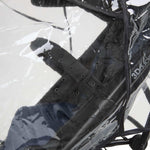 Clear universal stroller rain cover with vented airflow protecting baby from weather elements