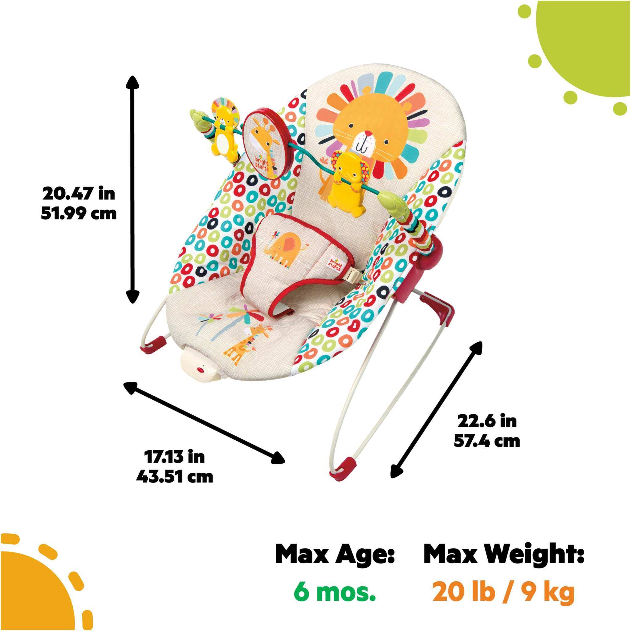 Bright Starts Playful Pinwheels baby bouncer with toy bar and vibrating seat