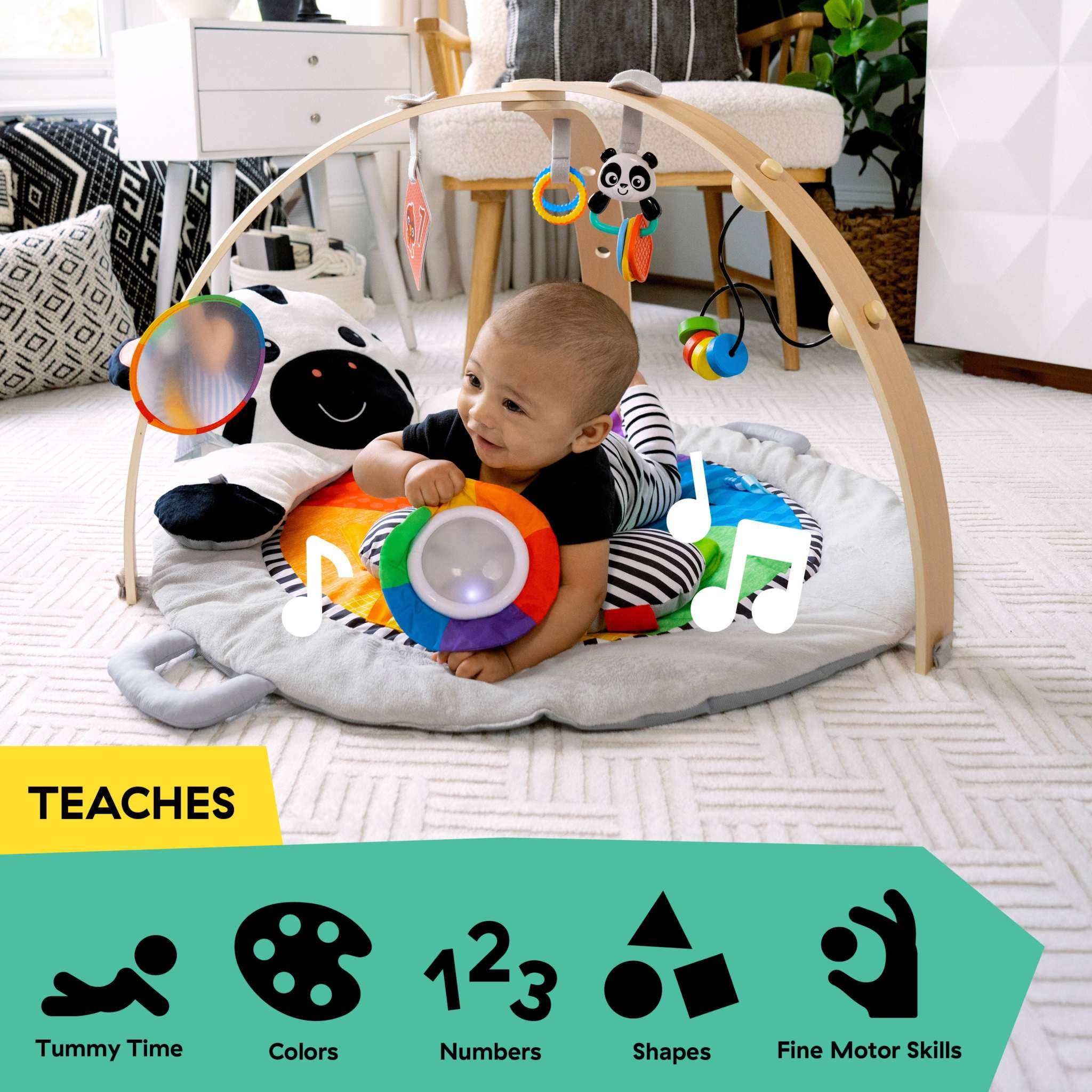 Baby Einstein Zen's soft activity gym with wooden bar and colorful toys for infant development