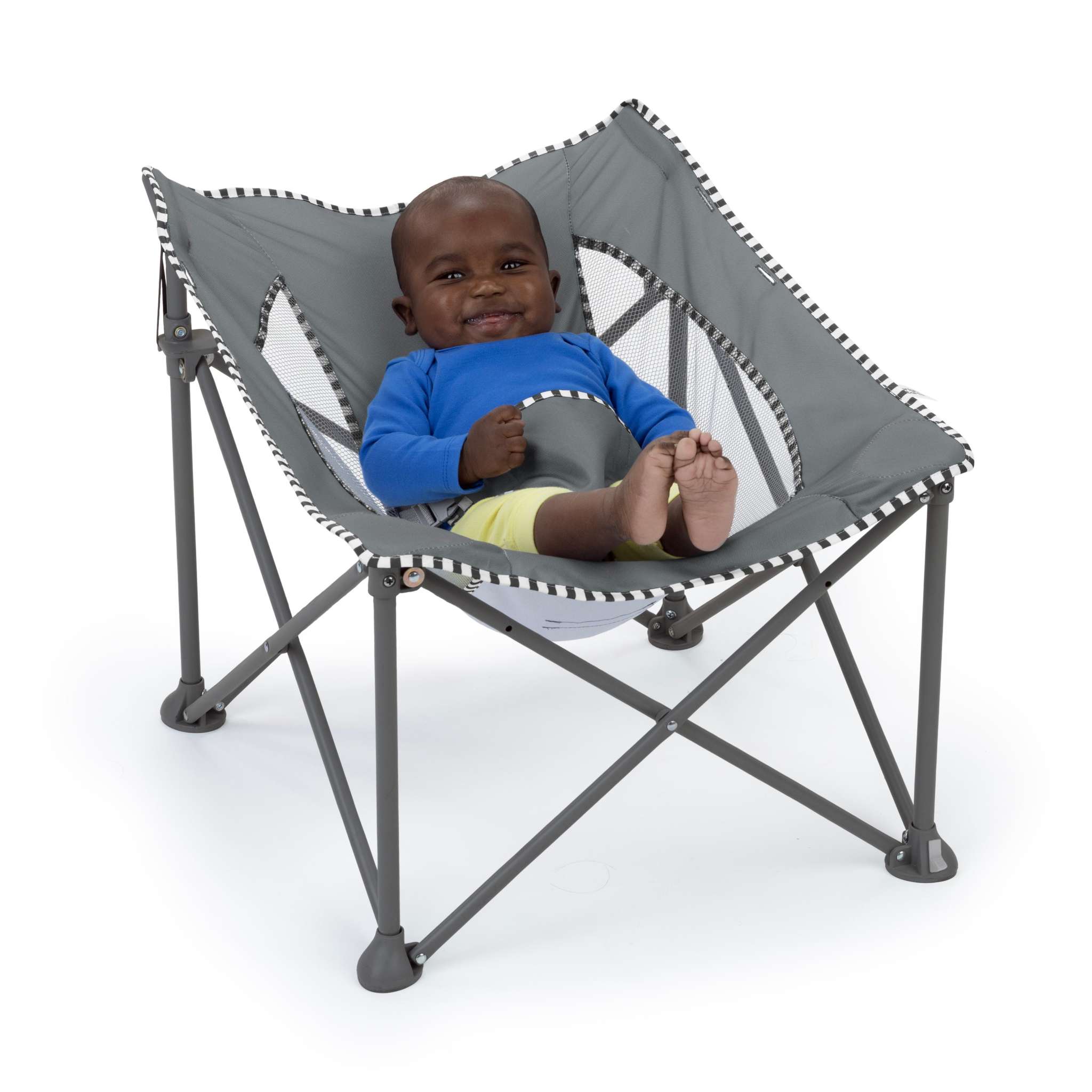Bright Starts Pop N Chill Travel Seat in grey with canopy and safety harness
