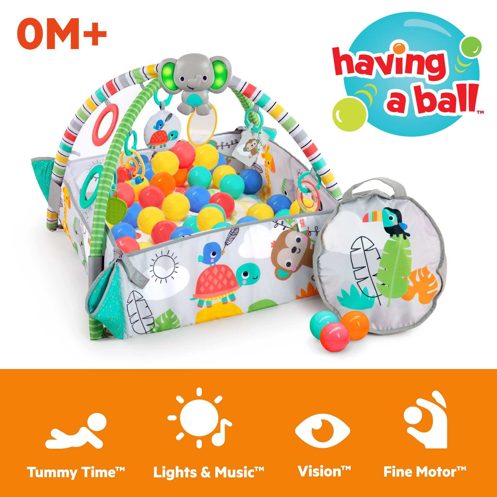 Bright Starts 5-in-1 Your Way Ball Play baby activity gym with tropical design and colorful balls