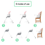 Ingenuity Trio Foldaway 6-in-1 pink baby high chair with adjustable footrest and removable tray for easy cleaning
