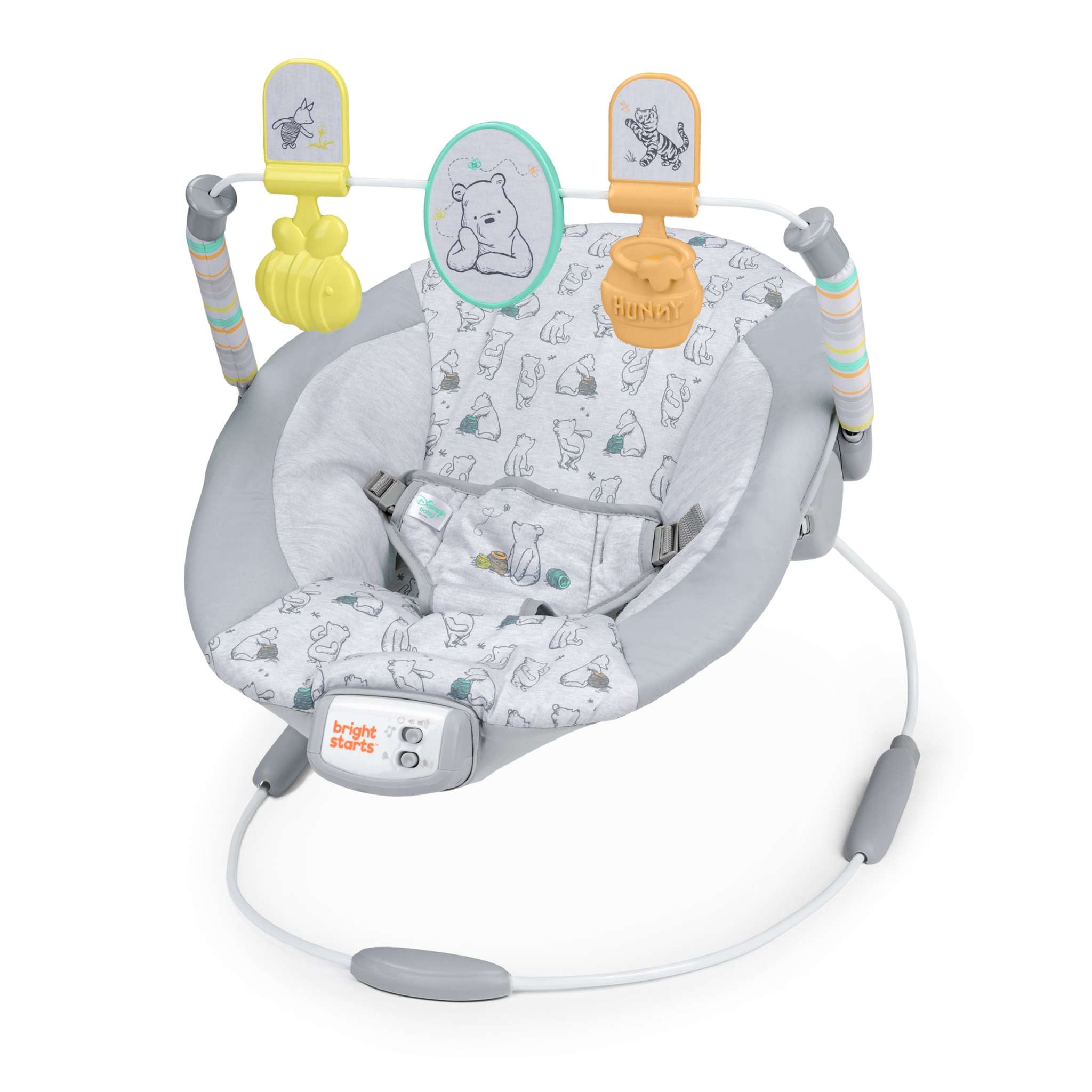 Disney Baby Winnie the Pooh vibrating baby bouncer with spinning toys and adjustable harness