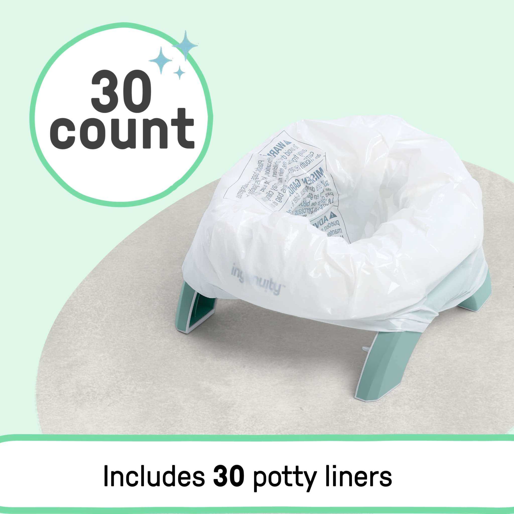 Ingenuity Potty Liners leak-resistant disposable liners with easy-tie handles and resealable storage bag for travel and home potty training