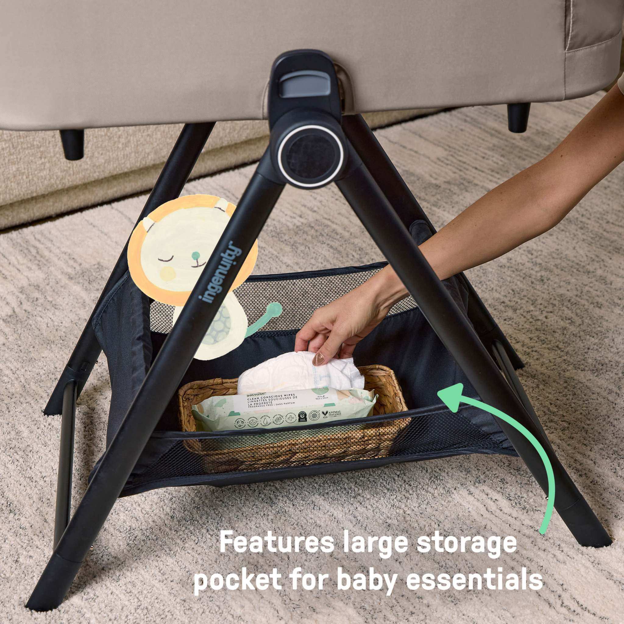 Ingenuity 3DSuite DualDock folding carry cot stand with storage basket for newborns