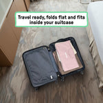 Ingenuity Tuckaway Toddler Tub in pink folded and unfolded, converting shower to toddler bath, portable and foldable design for kids 12 months to 5 years
