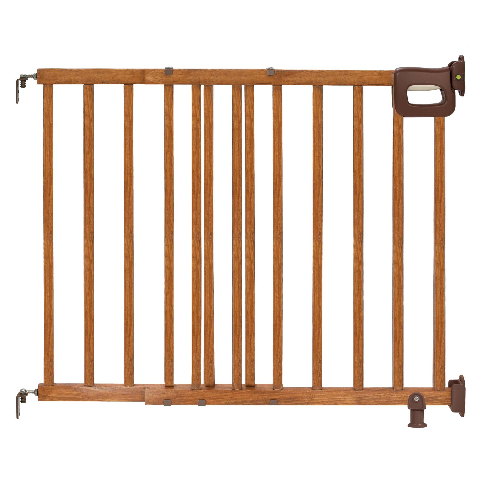 Ingenuity The Stairway 48W Series brown wood safety gate for stairs and hallways with comfort grip handle and locking indicator