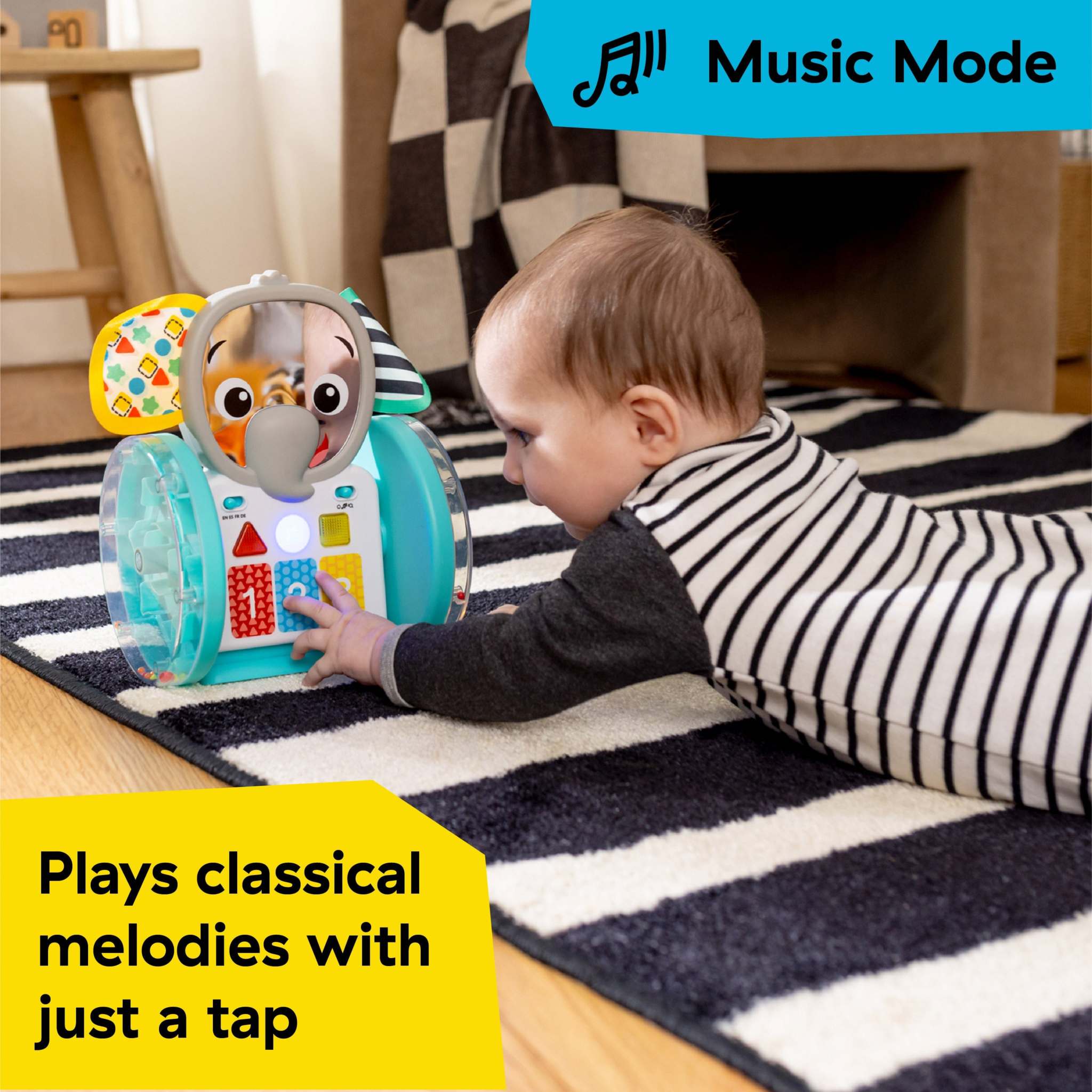 Baby exploring Baby Einstein Chase & Tap Earl interactive crawling toy playing classical melodies