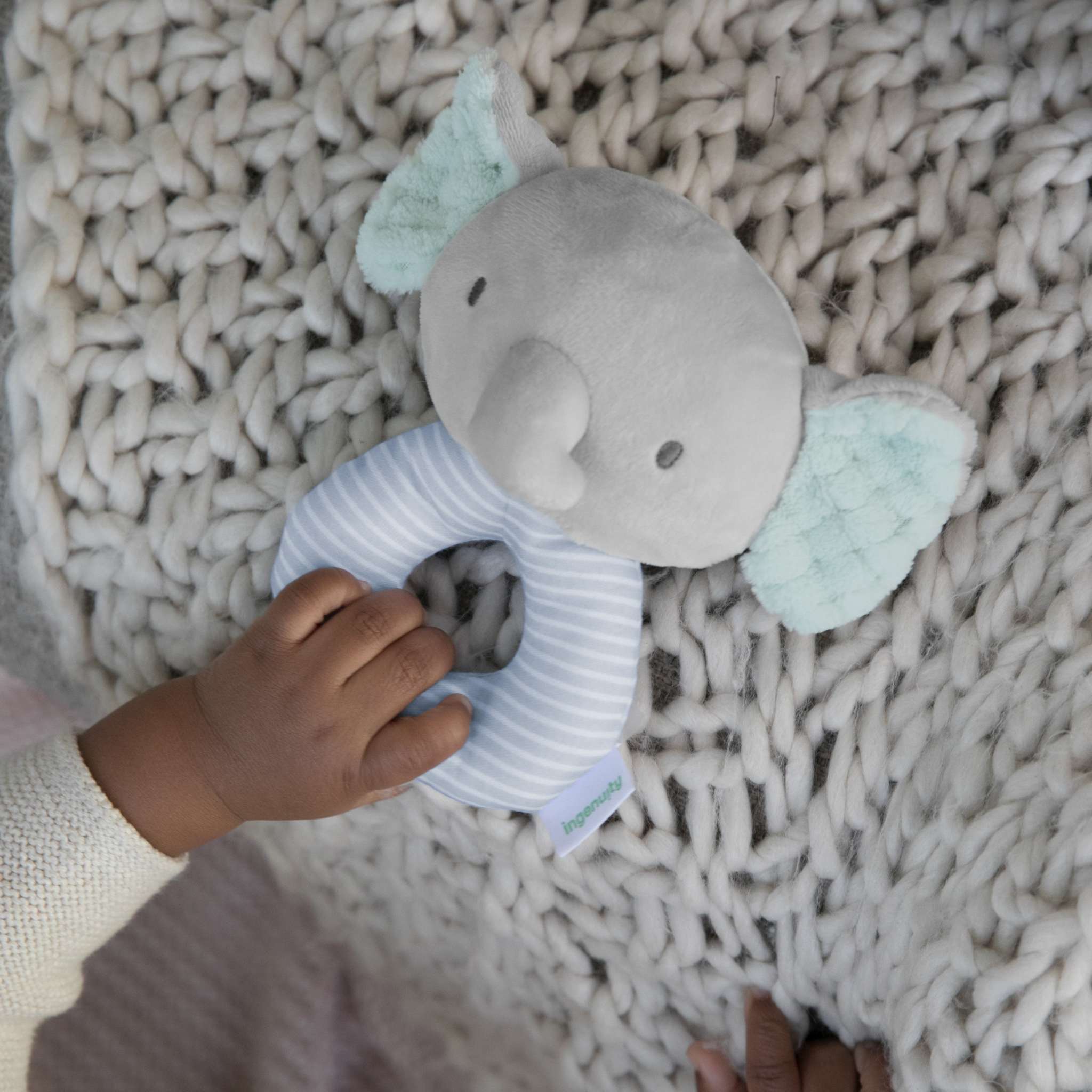 Ingenuity Premium Soft Plush Van the Elephant ring rattle for babies, soft fabric and gentle rattle sounds
