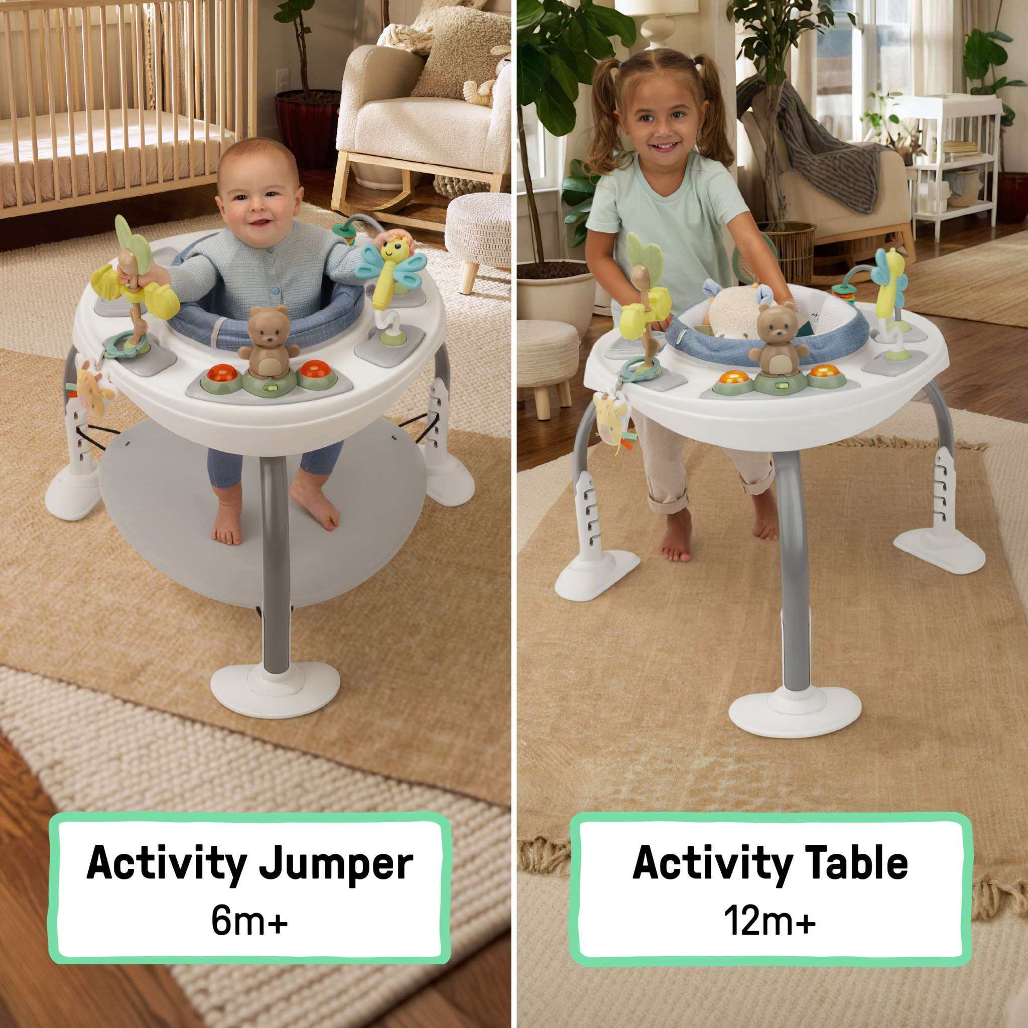 Ingenuity Bounce to Bloom™ 2-in-1 baby jumper and activity center with 360° rotating seat and sensory toys in chambray fabric