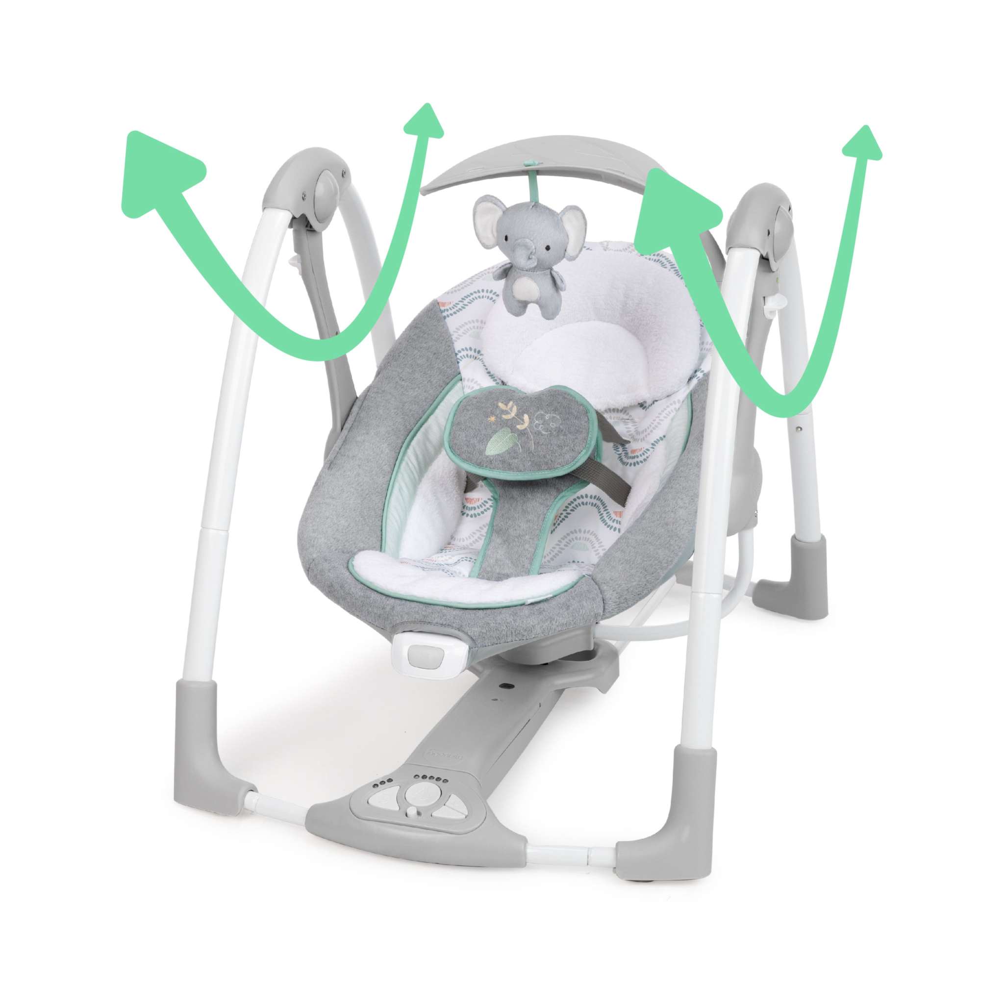 Ingenuity ConvertMe Swing-2-Seat portable baby swing and seat with foldable design and plush elephant toy