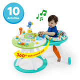 Child playing with a colorful activity center with toys and text indicating 10 activities and a 360-degree walk-around seat.