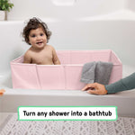Ingenuity Tuckaway Toddler Tub in pink folded and unfolded, converting a shower into a toddler bathtub for ages 12 months to 5 years