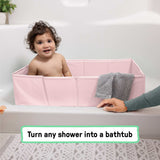 Ingenuity Tuckaway Toddler Tub in pink folded and unfolded, converting a shower into a toddler bathtub for ages 12 months to 5 years