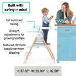 Table-to-Tower 2-in-1 Step Stool toddler kitchen helper with adjustable safety rail and foldable design