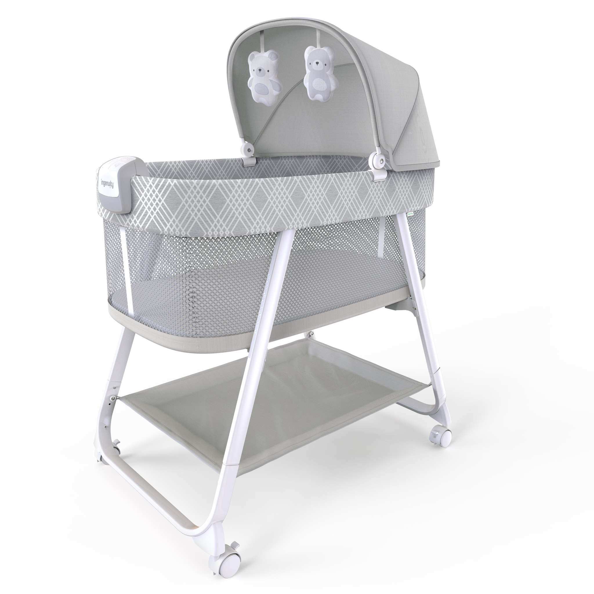 Ingenuity Lullanight Soothing Bassinet with mesh sides, soft night light, adjustable canopy, and storage for baby essentials