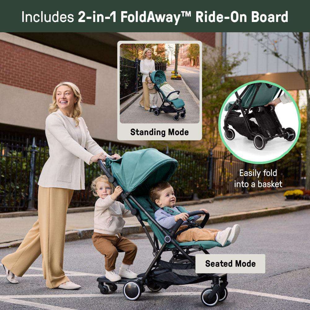 Ingenuity 3D Travelmate Pro compact travel stroller with ride-on board and canopy