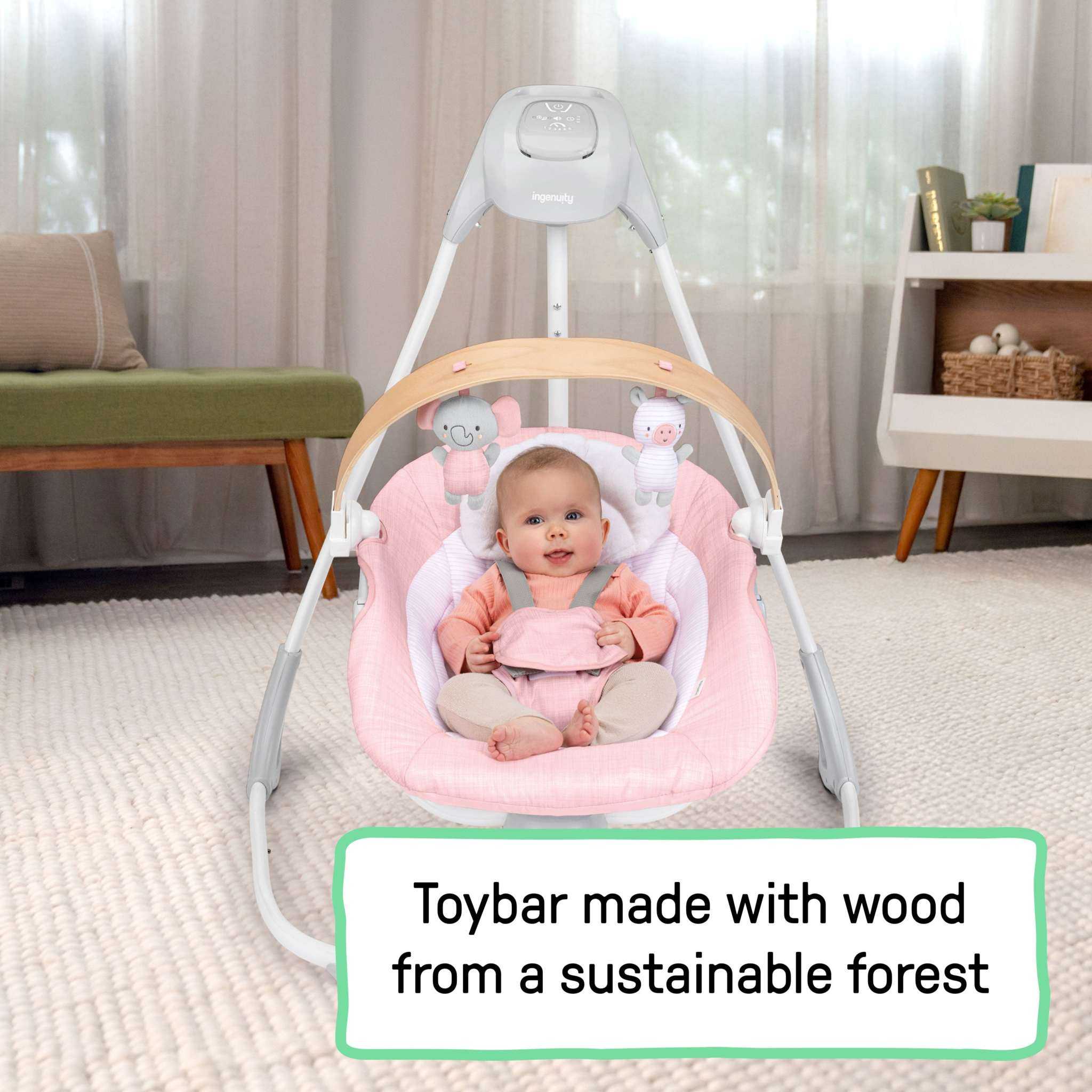 Ingenuity SimpleComfort Chambray baby swing with rotating seat and toy bar
