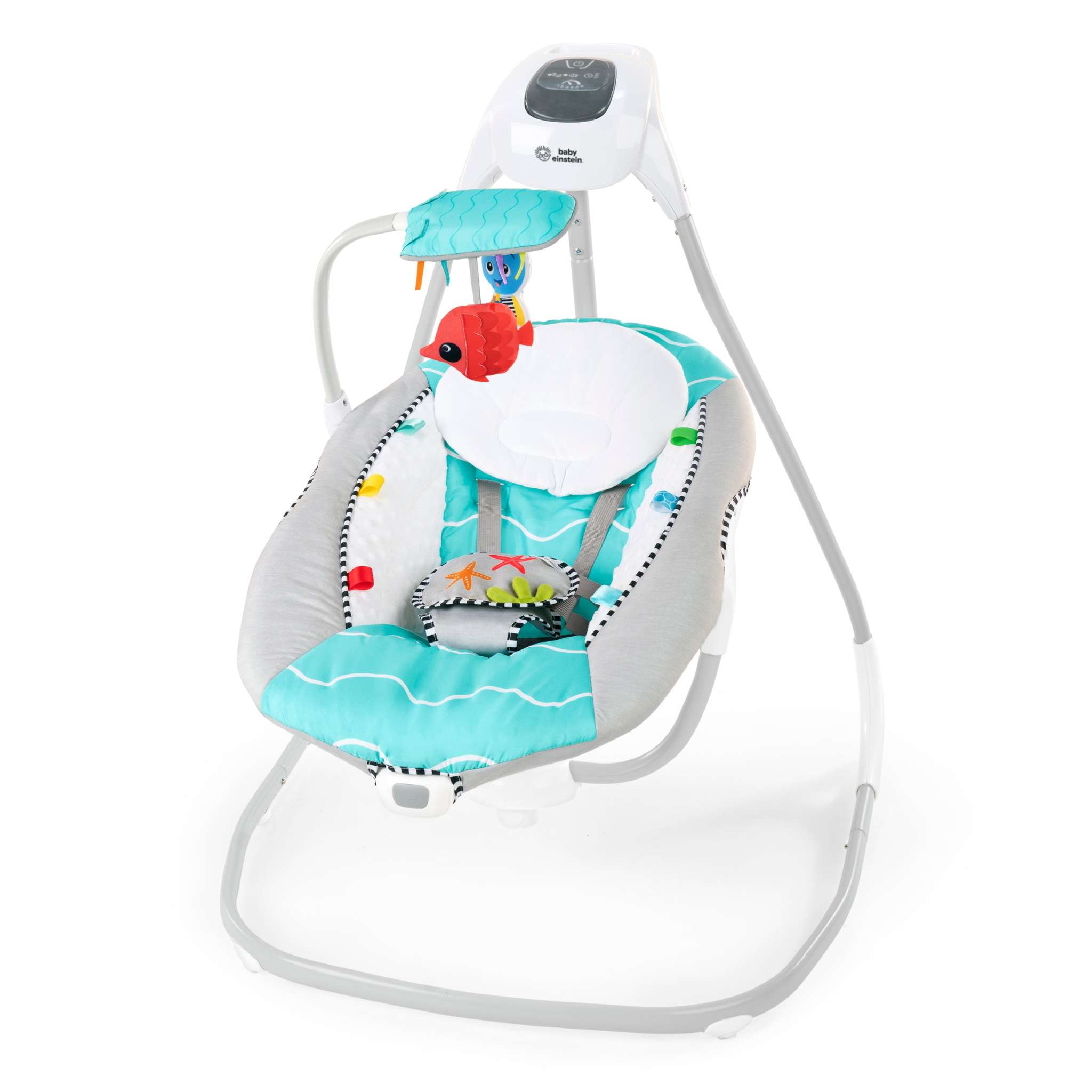 Baby Einstein Curious Comfort compact baby swing with ocean explorer theme, 5-point harness, detachable toy sleeve, 3 swing directions, 6 speeds, and music features