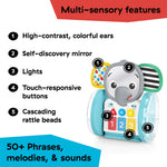 Baby Einstein Chase & Tap Earl interactive elephant toy with lights, mirror, touch buttons, and rattle beads for sensory learning