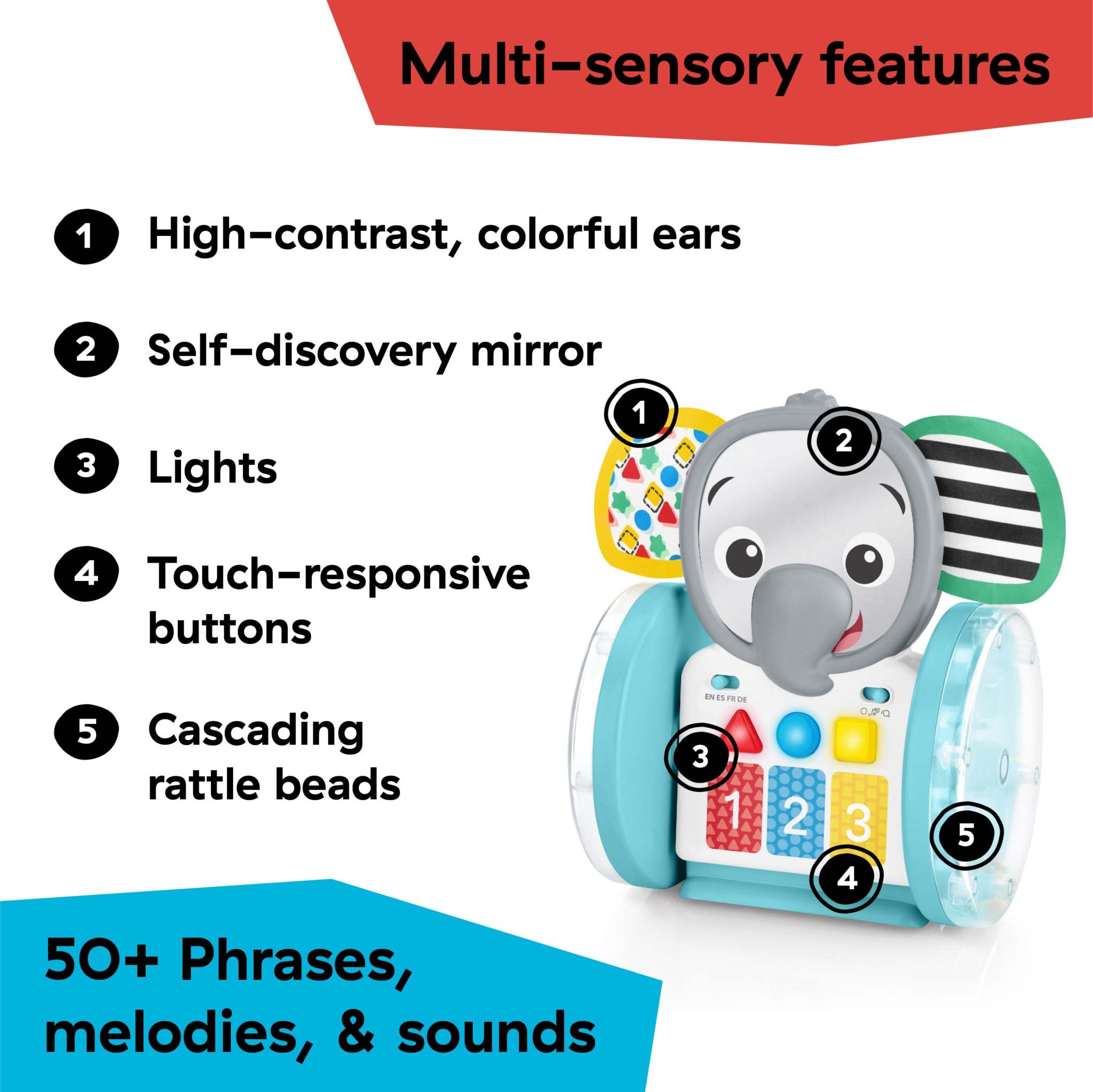 Baby Einstein Chase & Tap Earl interactive elephant toy with lights, mirror, touch buttons, and rattle beads for sensory learning