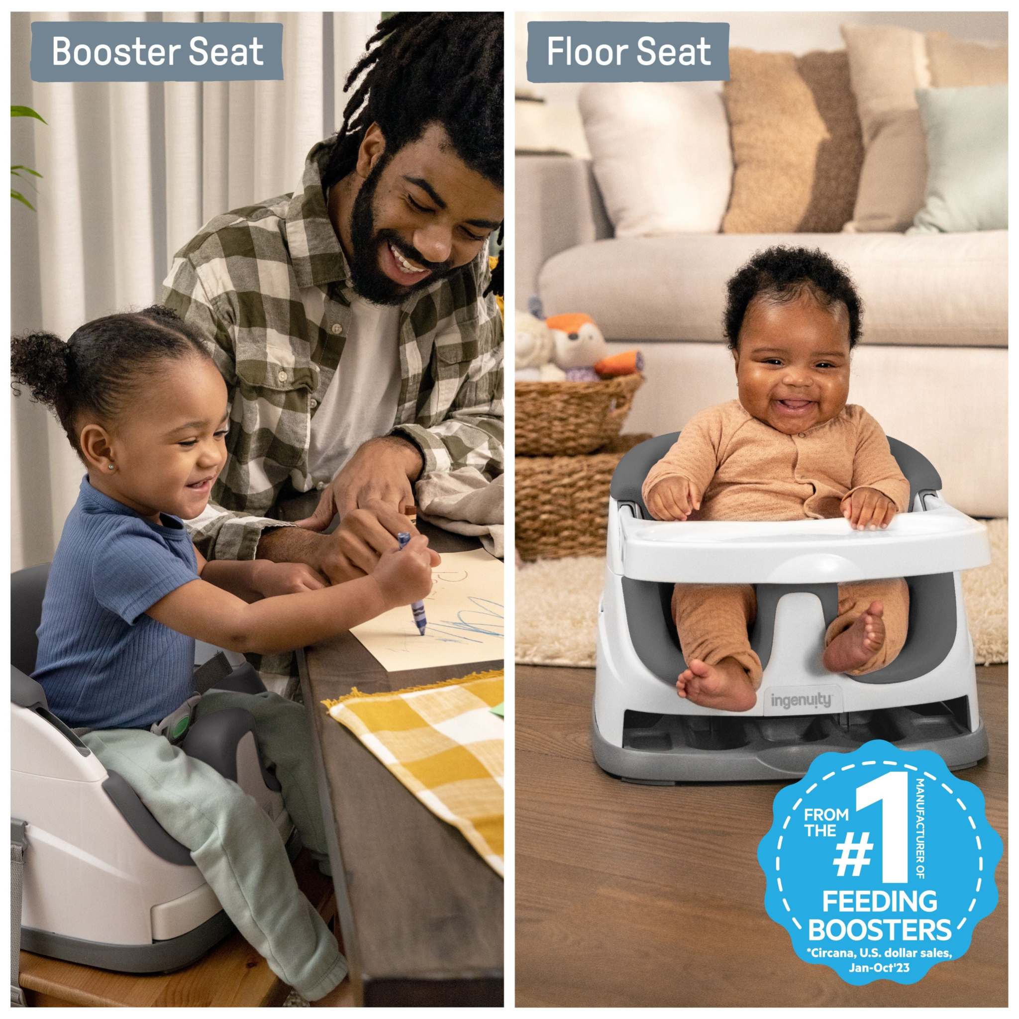 Ingenuity Baby Base 2-in-1™ Seat in Slate attached to a dining chair with removable tray and foam insert for baby and toddler use