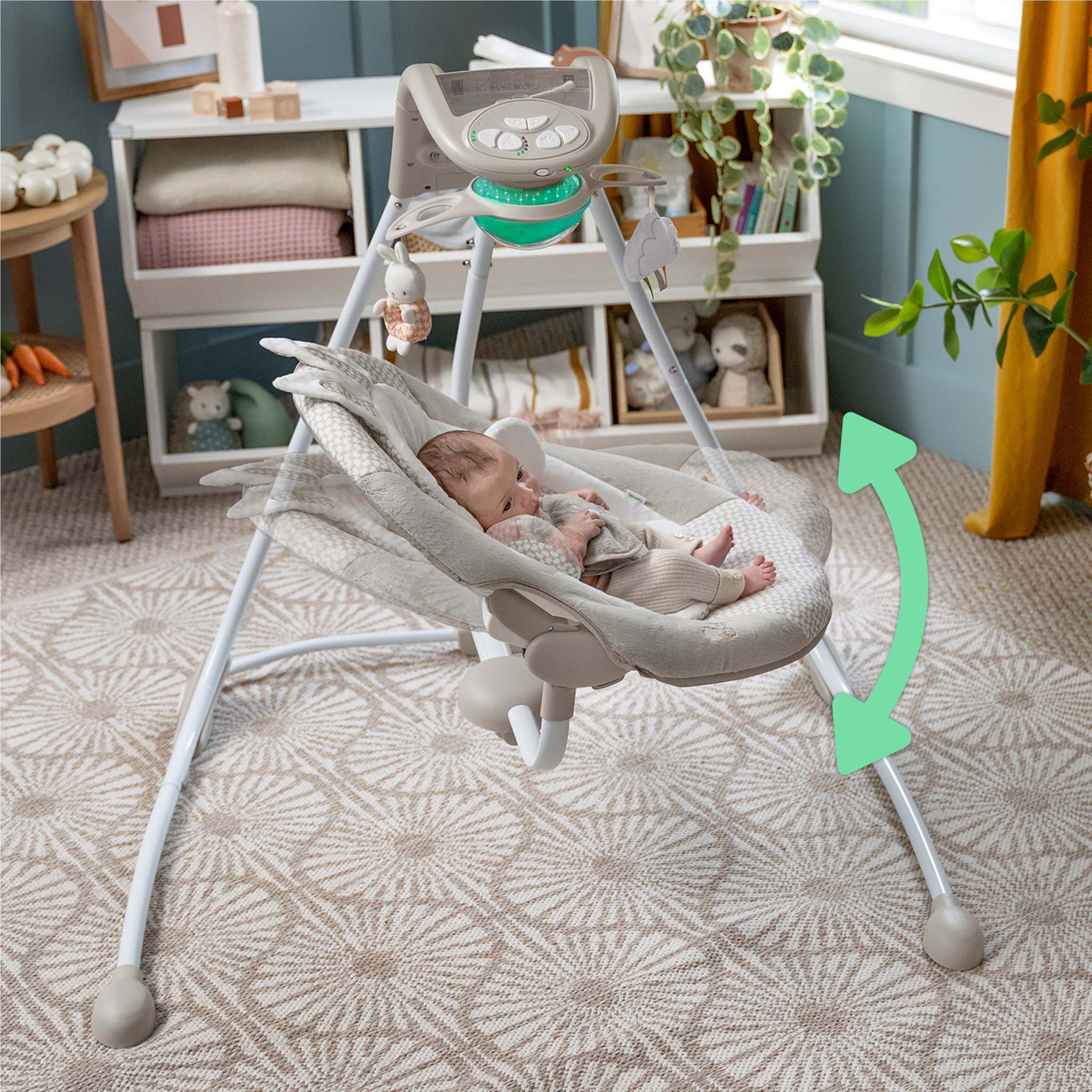 Ingenuity InLighten Baby Swing with light-up mobile, plush toys, and foldable frame for infants