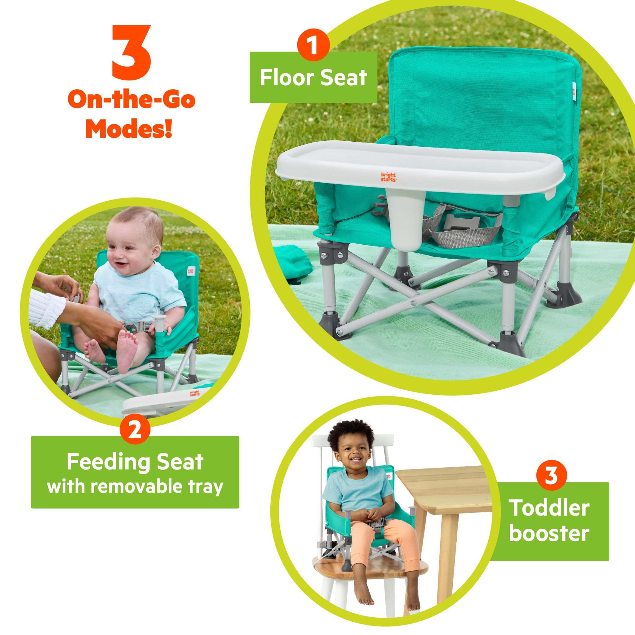 Bright Starts Pop ‘N Sit portable booster seat in teal with removable tray and carrying bag