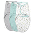 Easy Change Swaddle set with bee print, mint, and gray wraps for newborns up to 3 months, made of soft 100% cotton with convenient bottom zipper for quick diaper changes.