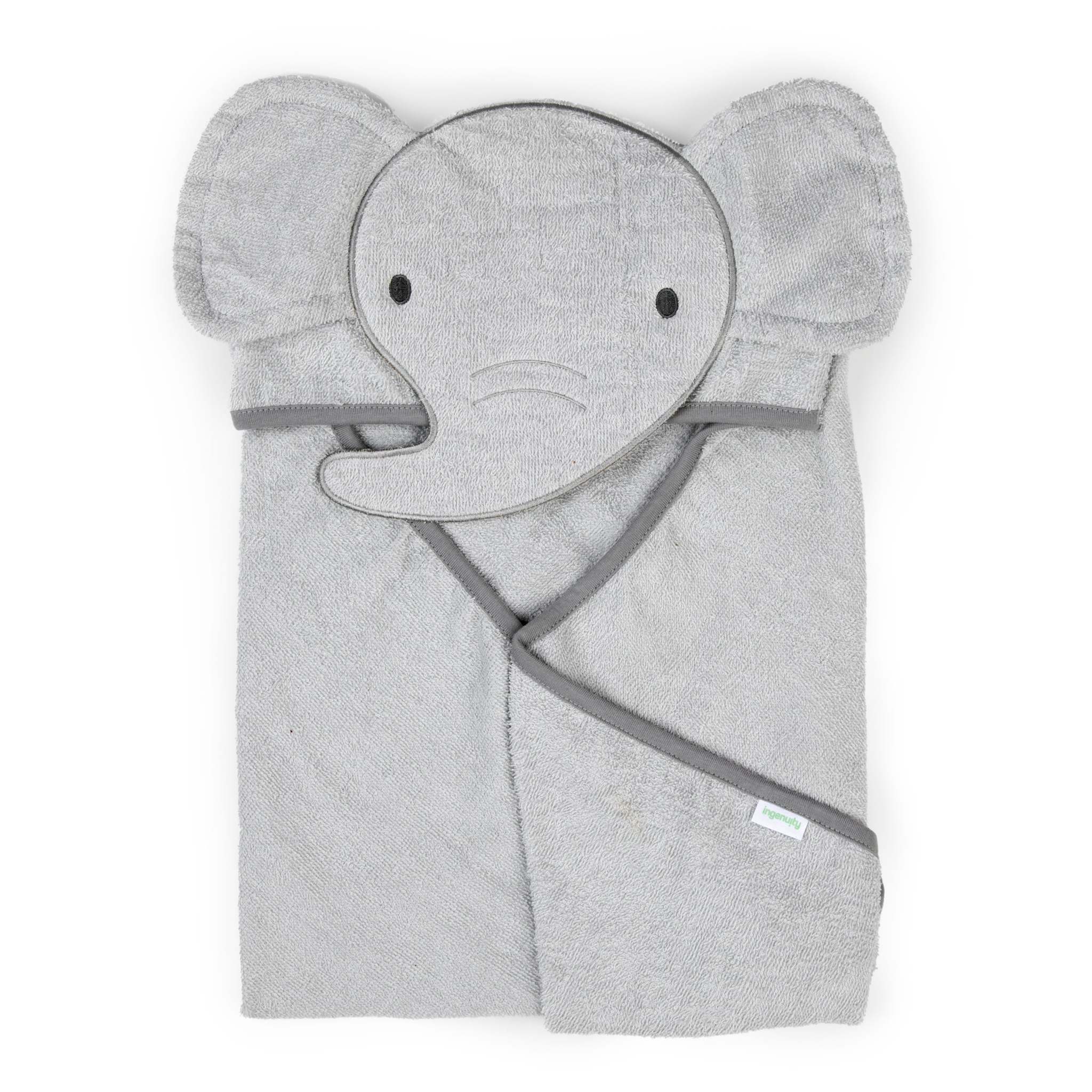 Ingenuity Clean & Cuddly hooded baby elephant bath towel, soft absorbent terry cloth, 30x30 inches, cozy post-bath wrap for newborns