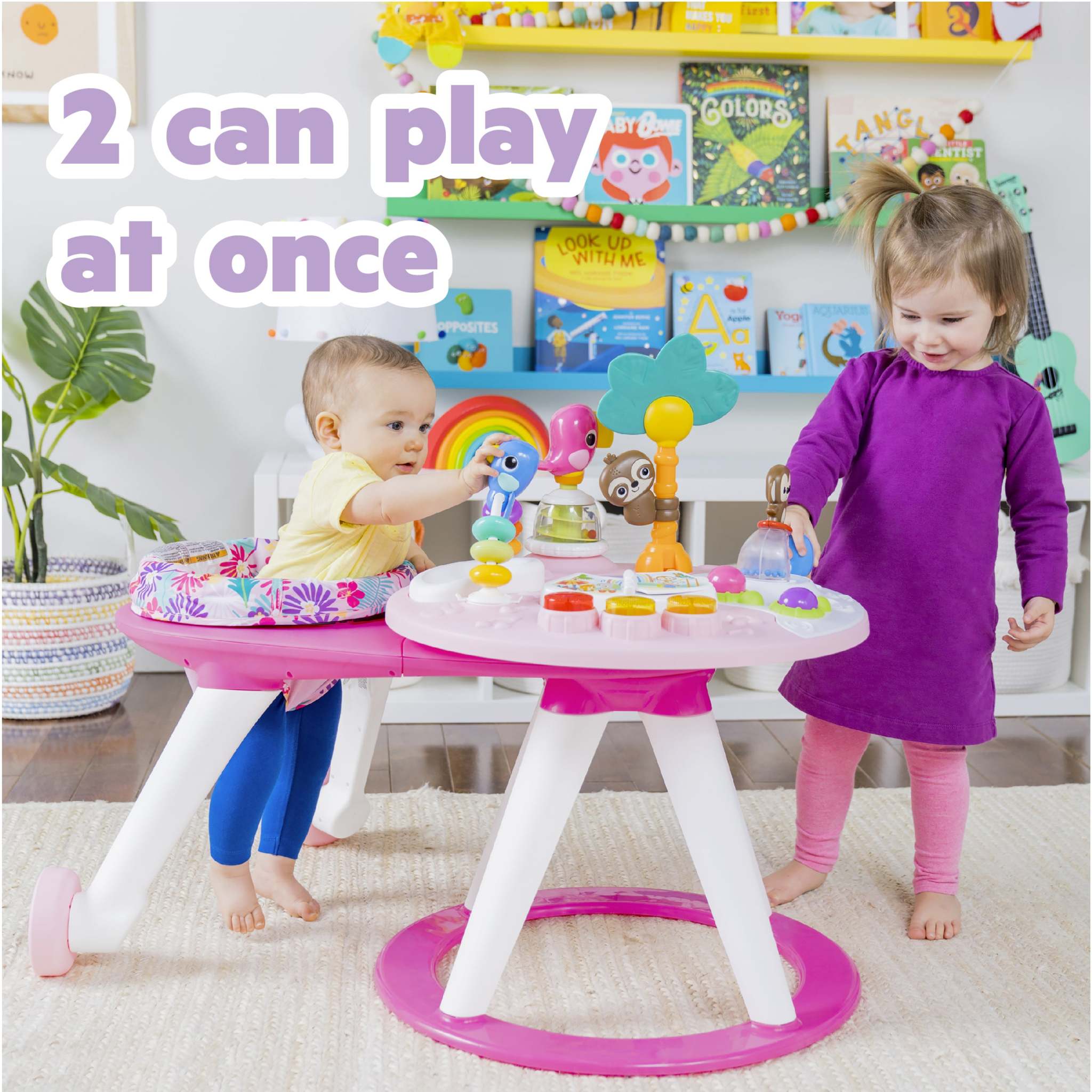 Around We Go 2-in-1 Walk-Around Activity Center & Table in Tropic Coral with interactive tropical toys and music